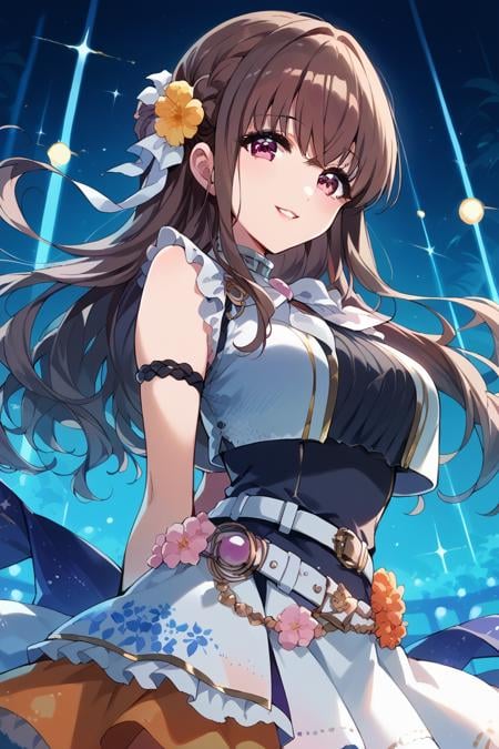 score_9, score_8_up, score_7_up, score_6_up, 1girl, <lora:Amano_Airi:0.9> amano, solo, long hair, brown hair, looking at viewer, braid, smile, flower, bow, arms behind back, belt, hair ornament, breasts, parted lips, bangs, stage outfit, color lights, club stage,