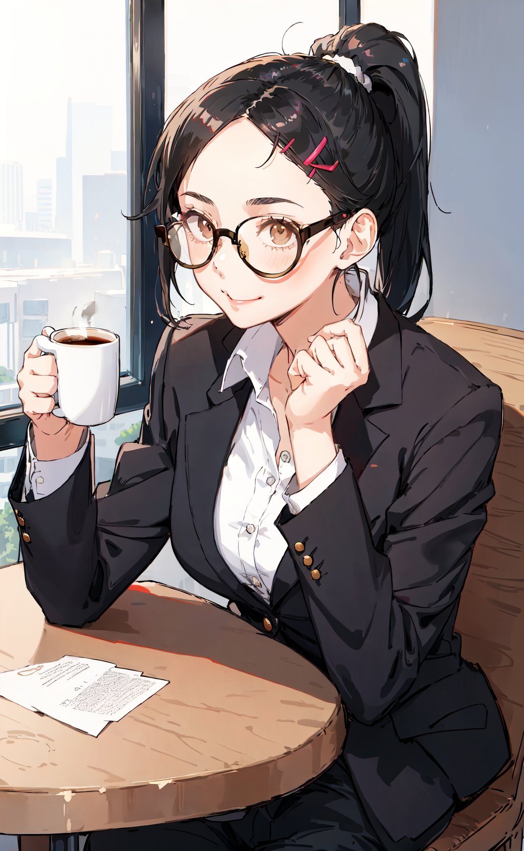 masterpiece, best quality, 1girl, on lunch break, sitting, black ponytail, hairclip, blazer, shirt, trousers, glasses, coffee mug, happy, spoken ellipsis