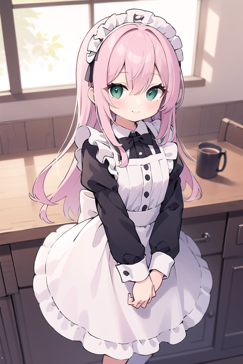 insanely detailed, absurdres, ultra-highres, ultra-detailed, best quality,1girl, solo, nice hands, perfect handsBREAK(cleavage:-1.5),(classical maid:1.2),apron, blush, bow, bowtie, frilled apron, frills, long sleeves, maid, maid apron, maid headdress, waist apron, white apron,(maid costume, maid hair dress:1.3), long skirtBREAKhappy smile, laugh, closed mouthBREAKfrom above,standing, cowboy shot, looking at viewerBREAKslender, kawaii, perfect symmetrical face, ultra cute girl, ultra cute face, ultra detailed eyes, ultra detailed hair, ultra cute, ultra beautifulBREAKin coffee shop, indoors, depth of field, ultra detailed backgroundBREAKmedium breastsBREAK(pink hair, dark green eyes), long hair, hair between eyes