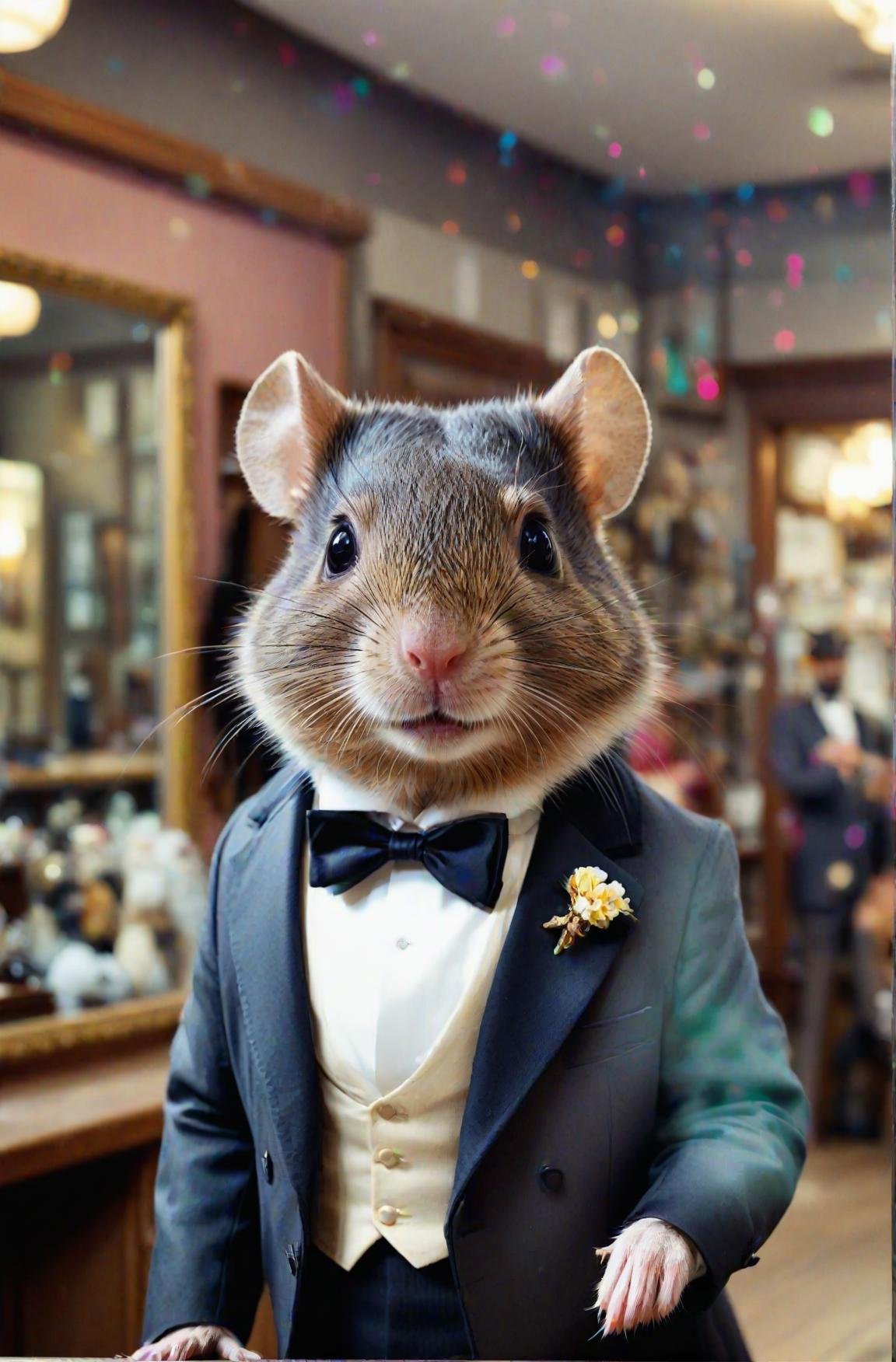 a beautiful high definition crisp portrait of a rodent gentlemen standing in his tuxedo shop in the late 1800, the background is soft with large bokeh, taken with a professional grade camera with exquisite color grading