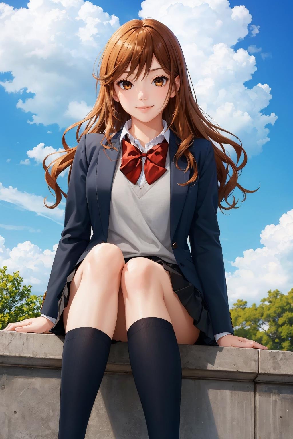 masterpiece, best quality, <lora:kyoukohori-nvwls-v1-000009:0.8> hori kyouko, black blazer, grey sweater, bowtie, black pleated skirt, socks, sitting, from below, clouds, sky, blue sky, smile, looking at viewer