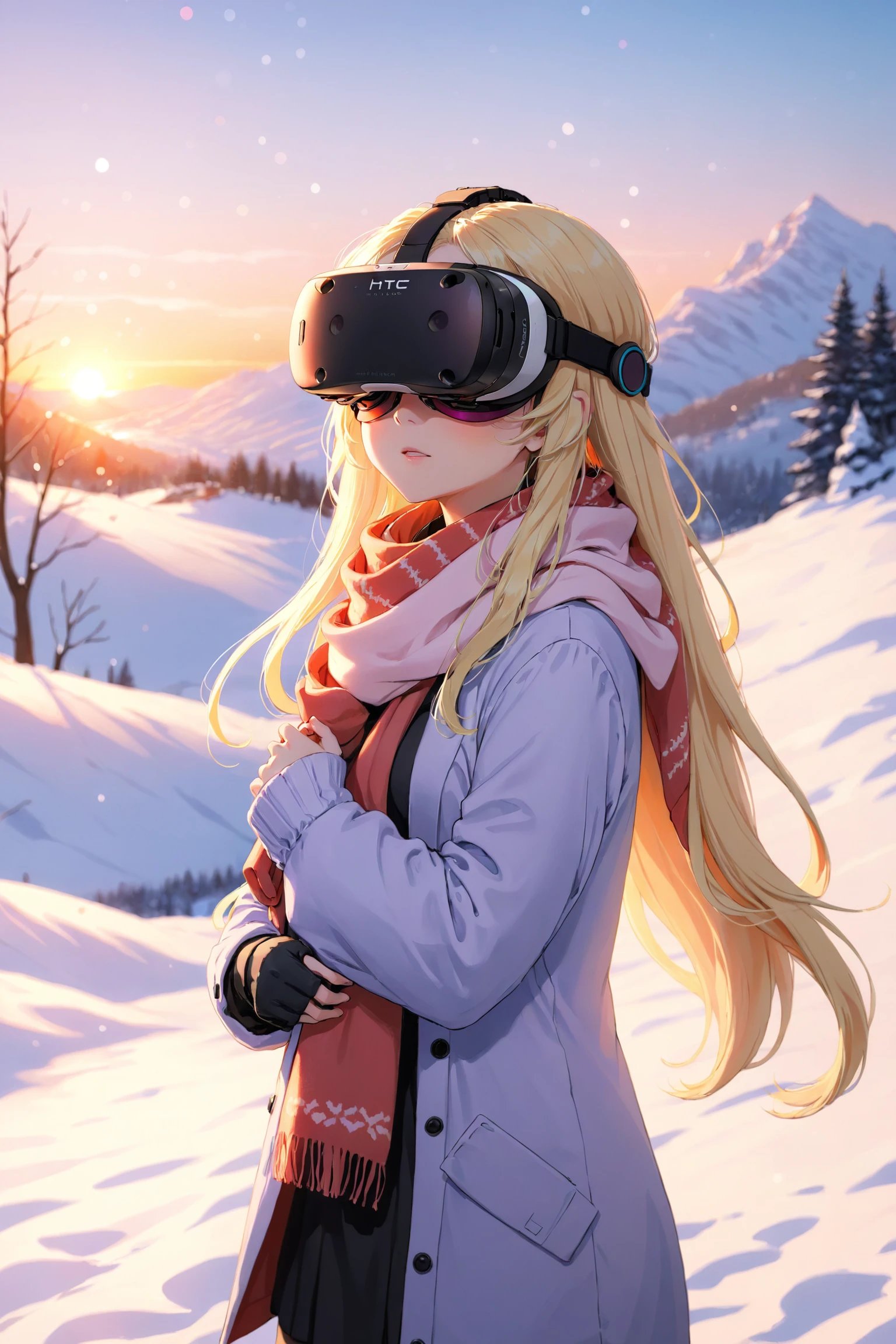 anime, pastel colors, girl, wearing (vr goggle:1.5), HTC Vive, blonde hair, long hair, winter clothes, scarf, sunset, scenery, bokeh, depth of field