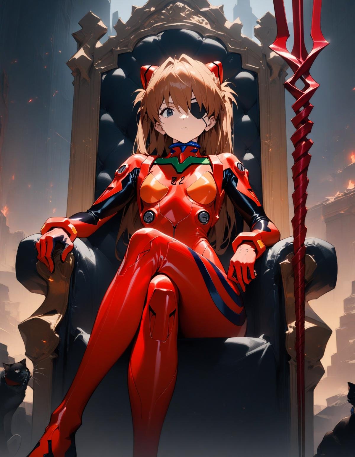 1girl, souryuu asuka langley, neon genesis evangelion, rebuild of evangelion, lance of longinus, cat hat, plugsuit, pilot suit, red bodysuit, sitting, crossed legs, black eye patch, throne, looking down, from bottom, looking at viewer, outdoors, masterpiece, best quality, very aesthetic, absurdres