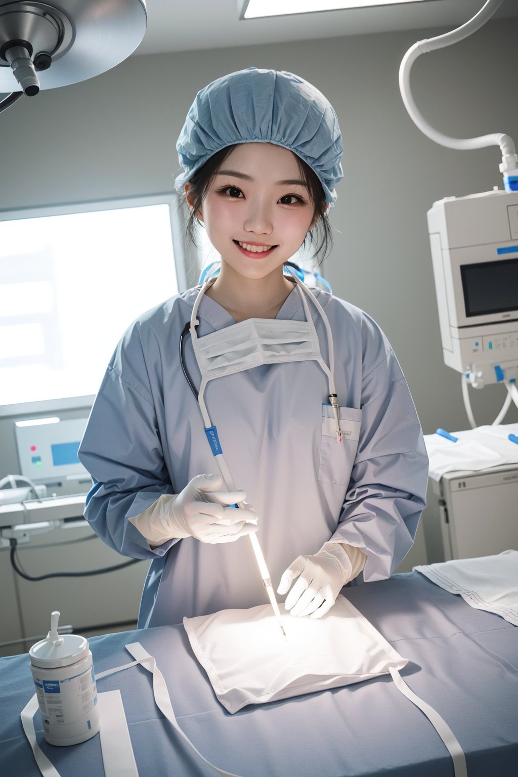 (RAW photo, best quality), 1girl, long sleeve surgical outfit, surgical gloves, surgical cap,  operating room, overhead surgical light, light smile, <lora:concept_surgical_mask_open_v2_1:1> surgical_mask_open, completely_undone, 