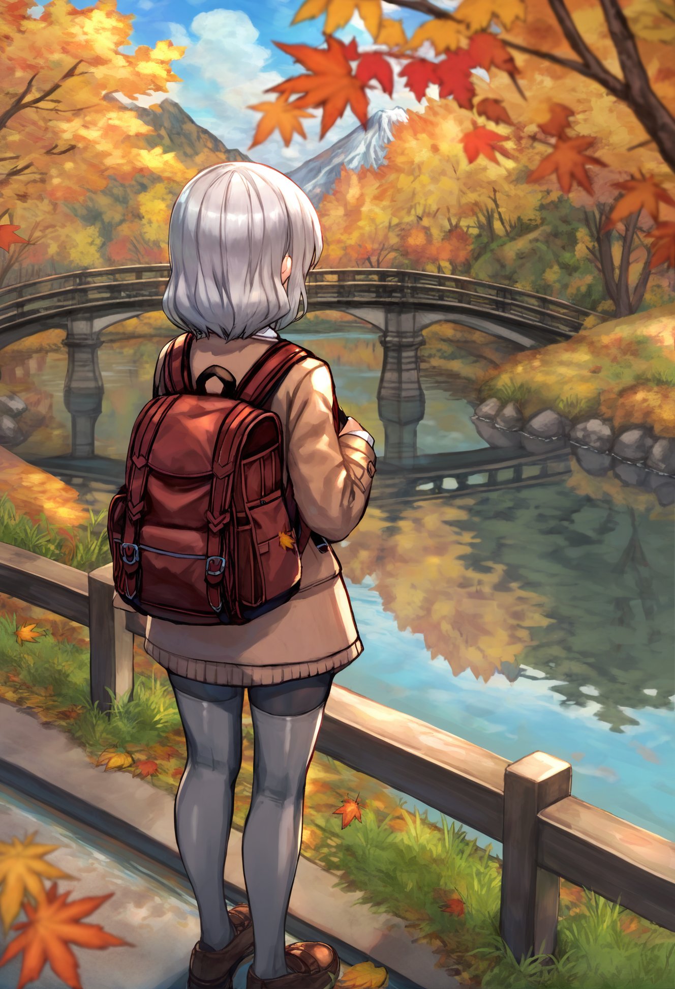 masterpiece, best quality,   reflection, outdoors, tree, solo, autumn leaves, scenery, reflective water, day, water, standing, bag, long sleeves, thighhighs, autumn, pantyhose, building, sky, leaf, shoes, mountain, facing away, river, jacket, city, reflection, grass, cloud, grey legwear, grey hair, bridge, backpack, white hair, waterfall, brown jacket, blue sky, wide shot <lora:さばみそ太郎XLlokr8f-000097:0.95>