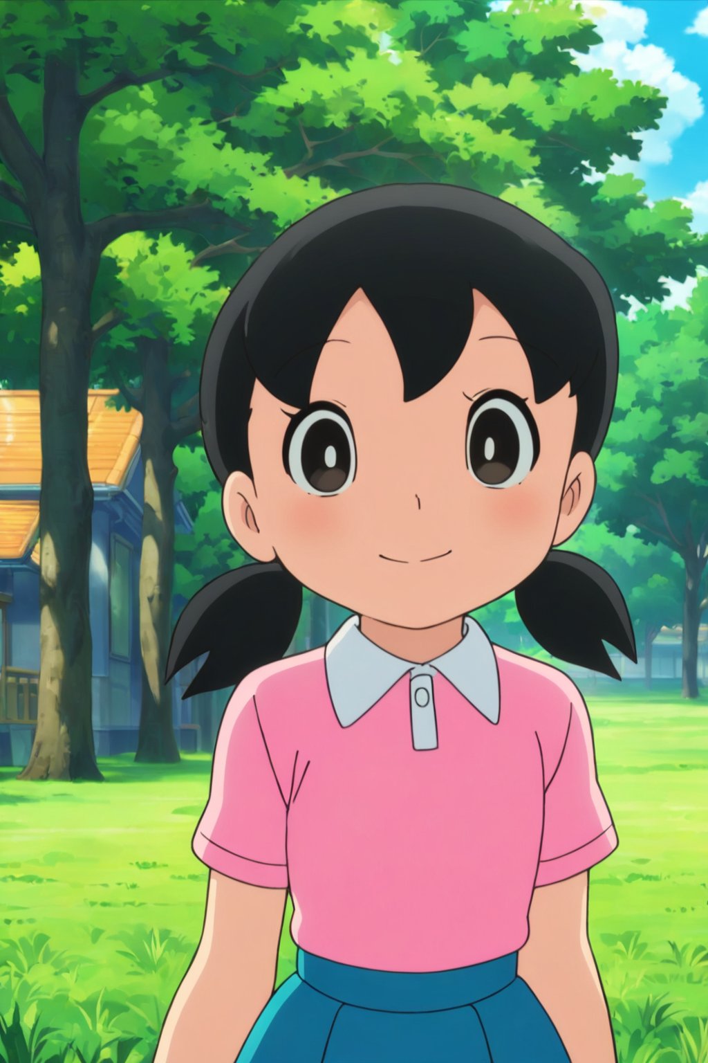 minamoto shizuka,1girl, solo,1girl, solo, twintails, black hair, skirt, smile, outdoors, shirt, blue skirt, looking at viewer, black eyes, pleated skirt, short sleeves, pink shirt, blush, closed mouth, day, tree, collared shirt, short twintails, low twintails, upper body, grass,child,masterpiece, perfect face, best quality, beautiful eyes, shiny eyes, anime coloring, anime screencap, absurdres, award winning,masterpiece, perfect face, best quality, beautiful girl, cute girl, beautiful eyes, shiny eyes, anime coloring, anime screencap, absurdres,  <lora:minamoto shizuka anyt 905:0.8>