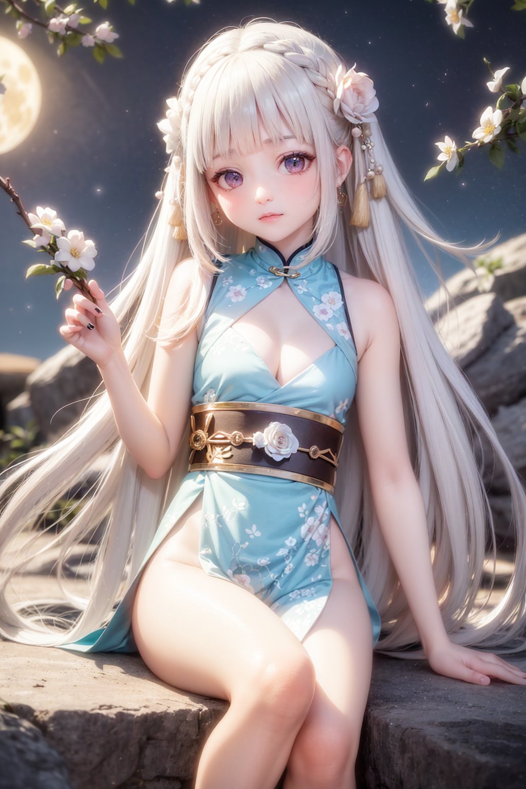 nsfw, (best quality), ((masterpiece)), (highres), original, extremely detailed 8K wallpaper, (night_sky), (mid shot), 1girl, kawaii, confused, (setting on the high rock)Colorful flowers grow beside the rock, feet up, looking to the moon, black pupils, floating hair, beautiful collarbone, (small breasts), cleavage, barefoot, beautiful flowers, (peach blossom), flowers, (flower) tree, breeze, floating sakura, little butterflies, (night), cloud, [moon]extremely delicate and, beautiful, water, ((beauty detailed eye)), highly, Transparent silk, gauze, sexy, seductive, 78, full moon, hanfu, qixiong ruqun, Ice and snow, light blue, printed clothes broken, see-through, hanfu, (white hair), earrings, (white long blonde hair, )(transparent clothe), bright eyes, lovely(Middle part bangs, straight bangs:2)(colorful, chinese clothes, )Vertical hair, fringe, Dazzling hair bow, flower, detailed eyes, flower forground, flower and hair is same color, beautifully color, face, her hair is becoming flower, flower, hair, flower, butterfly, high details, high quality, back light, hair and clothes is flower, full body, hand in face, hanfu, high