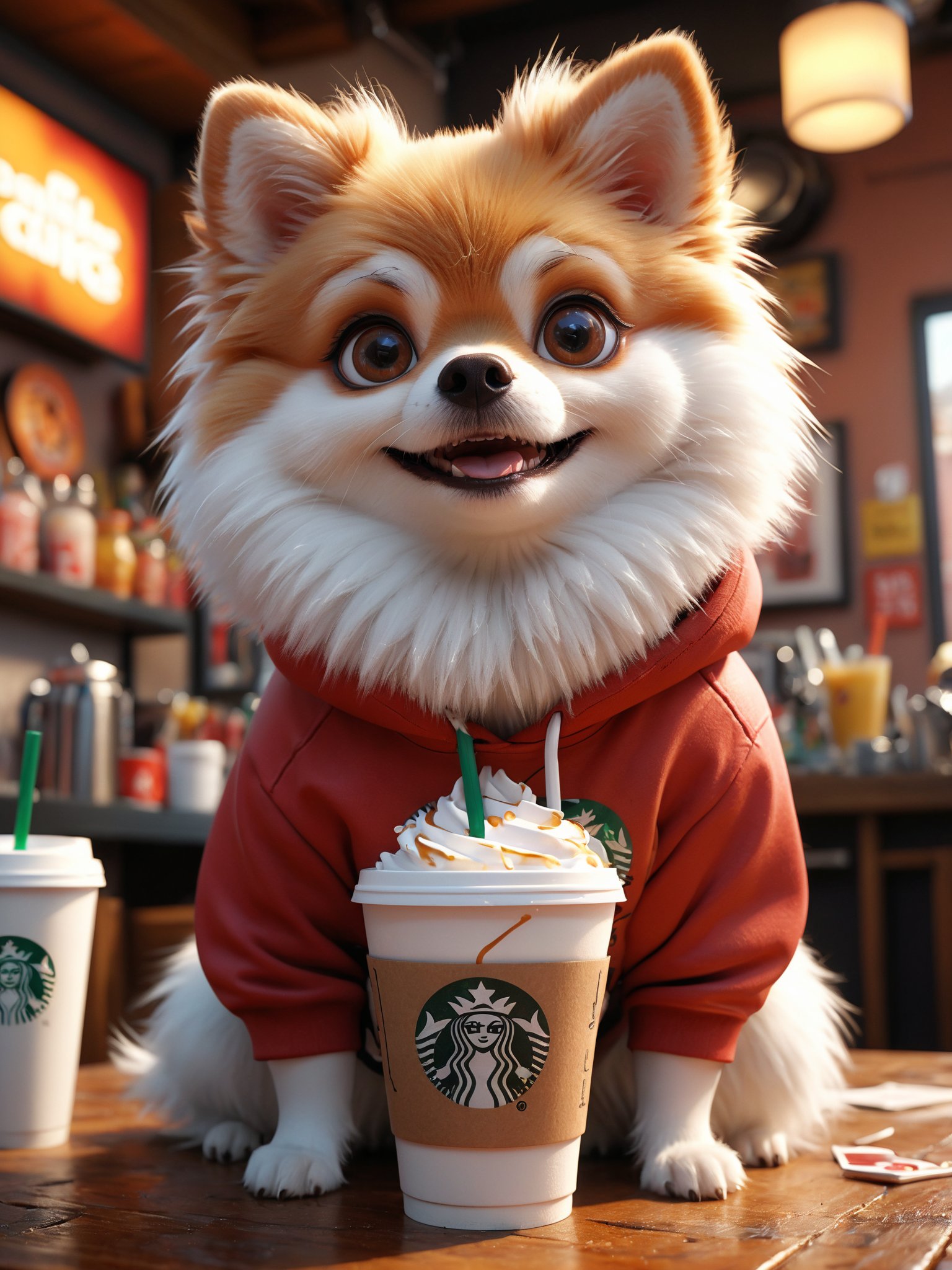 (Ultra-HD-quality-details, real-photo-realistic, ideal), Cute cartoon style >Treat the following Prompt Elements with equal Emphasis<draw a extra white pomeranian dog | with white fur all over | No cream patches anywhere | wearing a red hoody| Text "Izzy" in rosegold colors | starbucks cup in front of her, cinematic, poster, typography, 3d render, epic action, Unreal Engine, cinematic award winning artwork, many details, extreme detailed, full of details,Wide range of colors., dramatic, Dynamic,Cinematic,Sharp details, Insane quality. Insane resolution. Insane details. Masterpiece. 32k resolution. casting shadow style, cucoloris patterned illumination,  dvr-lnds-sdxl, ral-dissolve, ral-ertmsphr, ral-porcelain, ral-pxlprtcl, Niji, aidma-niji