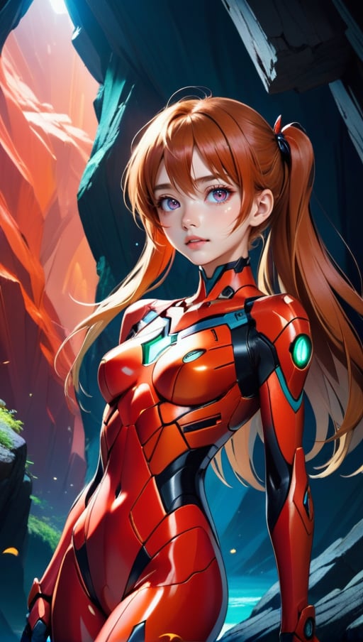 1girl, souryuu asuka langley, neon genesis evangelion, rebuild of evangelion, plugsuit, pilot suit, red bodysuit, looking at viewer, (colorful background:1.3), (intricate details), (dynamic angle), masterpiece, best quality, very aesthetic, absurdres, 4n1v3rs3, During Precipitation at afternoon Cave,magical, underground, glowing gems, mysterious tunnels, dripping streams, bioluminescent fungus, shimmering rocks, mythical atmosphere, exploration vibe, otherworldly ambiance, darkness