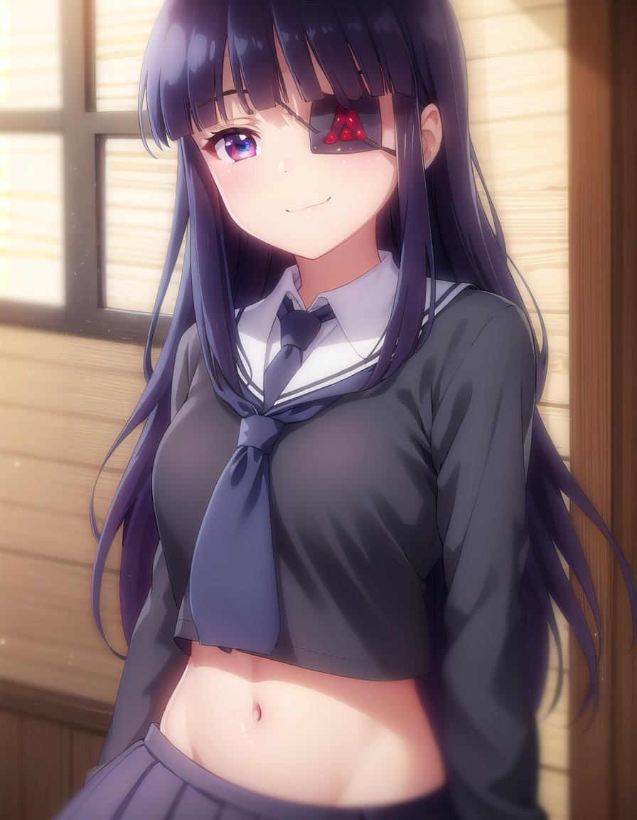 skmirai, <lora:sk mirai s1-lora-nochekaiser:1>,mirai, long hair, black hair, (red eyes:1.3), (eyepatch:1.5), bangs, blunt bangs,BREAK skirt, shirt, long sleeves, navel, school uniform, pantyhose, pleated skirt, necktie, serafuku, midriff, black skirt, sailor collar, black shirt, black sailor collar, (black serafuku:1.2),BREAK indoors, classroom,BREAK looking at viewer, (cowboy shot:1.5), smile,BREAK <lyco:GoodHands-beta2:1>, (masterpiece:1.2), best quality, high resolution, unity 8k wallpaper, (illustration:0.8), (beautiful detailed eyes:1.6), extremely detailed face, perfect lighting, extremely detailed CG, (perfect hands, perfect anatomy),