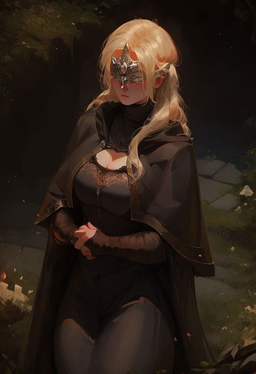 Score_9_up, score_8_up, score_7_up, 1girl, solo, firekeeper, mask, blonde hair, black dress, cleavage, big boobs, capelet, arms crossed, Expressiveh