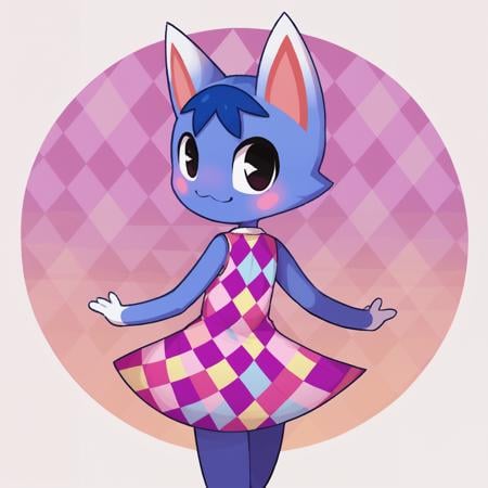 score_9, score_8_up <lora:Rosie-PONY:1> rosie, female, solo, standing, black eyes, argyle dress, facing away, looking back, looking at viewer, sleeveless dress, sticker blush, smile, happy