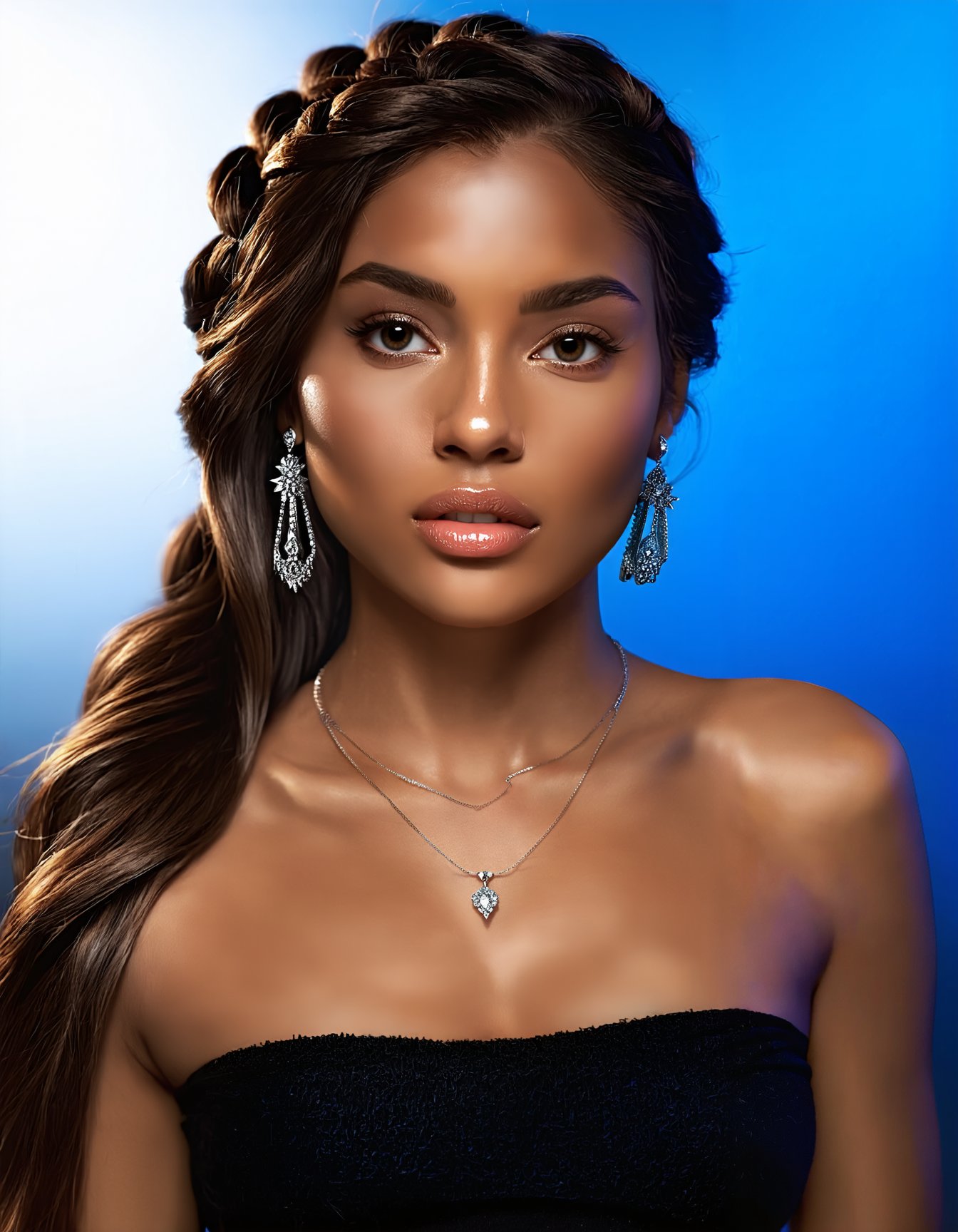 (best quality,8K,highres,masterpiece), ultra-detailed, woman, long hair, looking at viewer, brown hair, black hair, jewelry, bare shoulders, brown eyes, upper body, braid, earrings, dark skin, necklace, blurry, dark-skinned female, lips, blurry background, makeup, gem, freckles, realistic, very dark skin, modern_style_boost_v1_slider_sd3m.safetensors