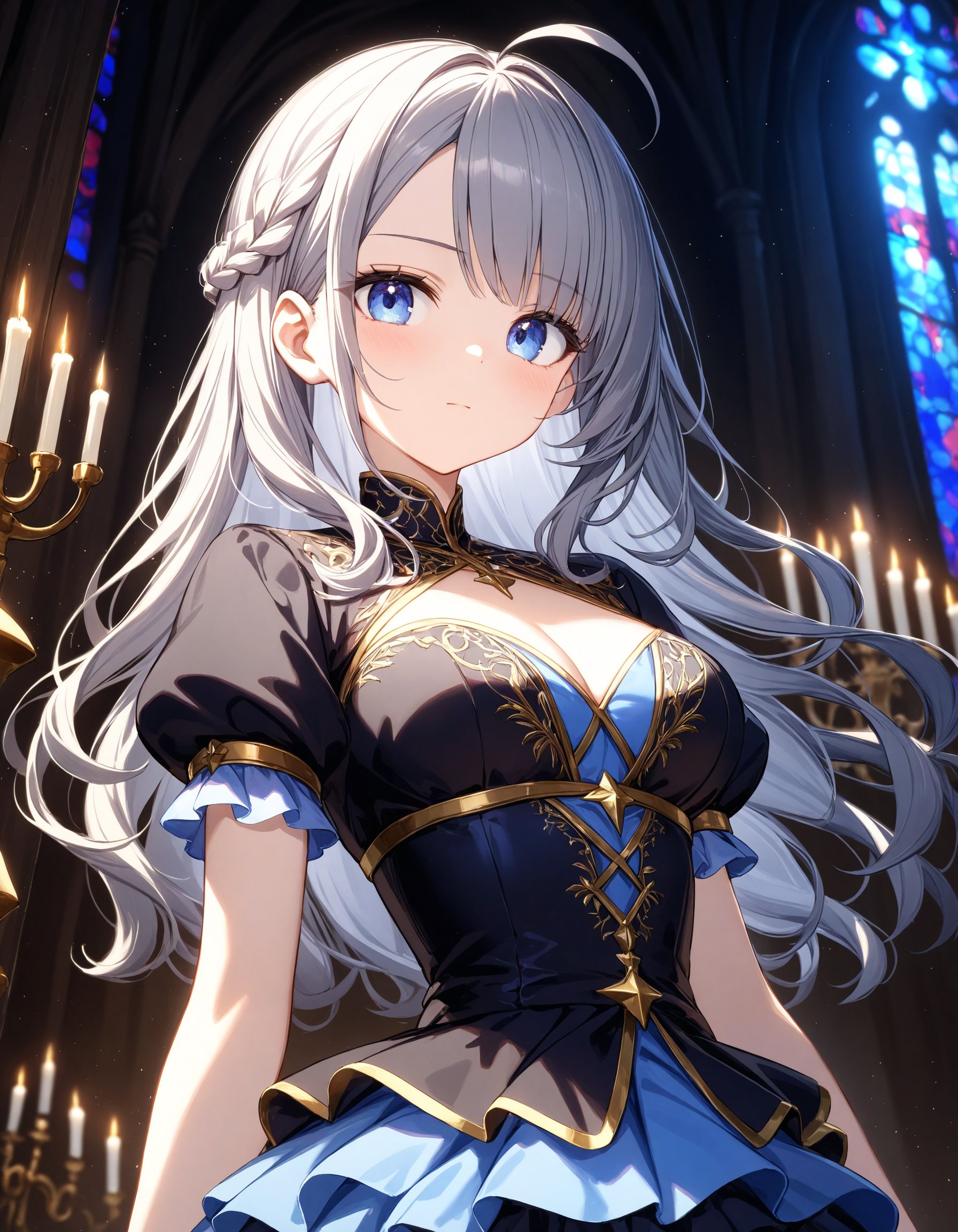 Depth of field. Upper body shot. (Shooting from side/below:0.6). A cute girl. Solo. Neutral expression. Contrapposto. Looking at viewer. (Round face:1.1). Detailed dark-blue eyes. Tareme. Detailed body. Medium breasts. Long wavy hair. Gray hair. Gray inner hair. Side french braid. Ahoge. Asymmetrical bangs. Black gorgeous dress. Puffy short sleeves. (Layered skirt:1.4). (Long skirt:1.2). Inside medieval church. Stained glass. Candlestand. (Night:1.2). (Atmospheric lighting:1.4). Cute style. Intricate details. Extremely detailed. Outstanding intricacies. (Masterpiece:1.2). (Best quality:1.2). (Absurdres absolutely resolution:1.4).