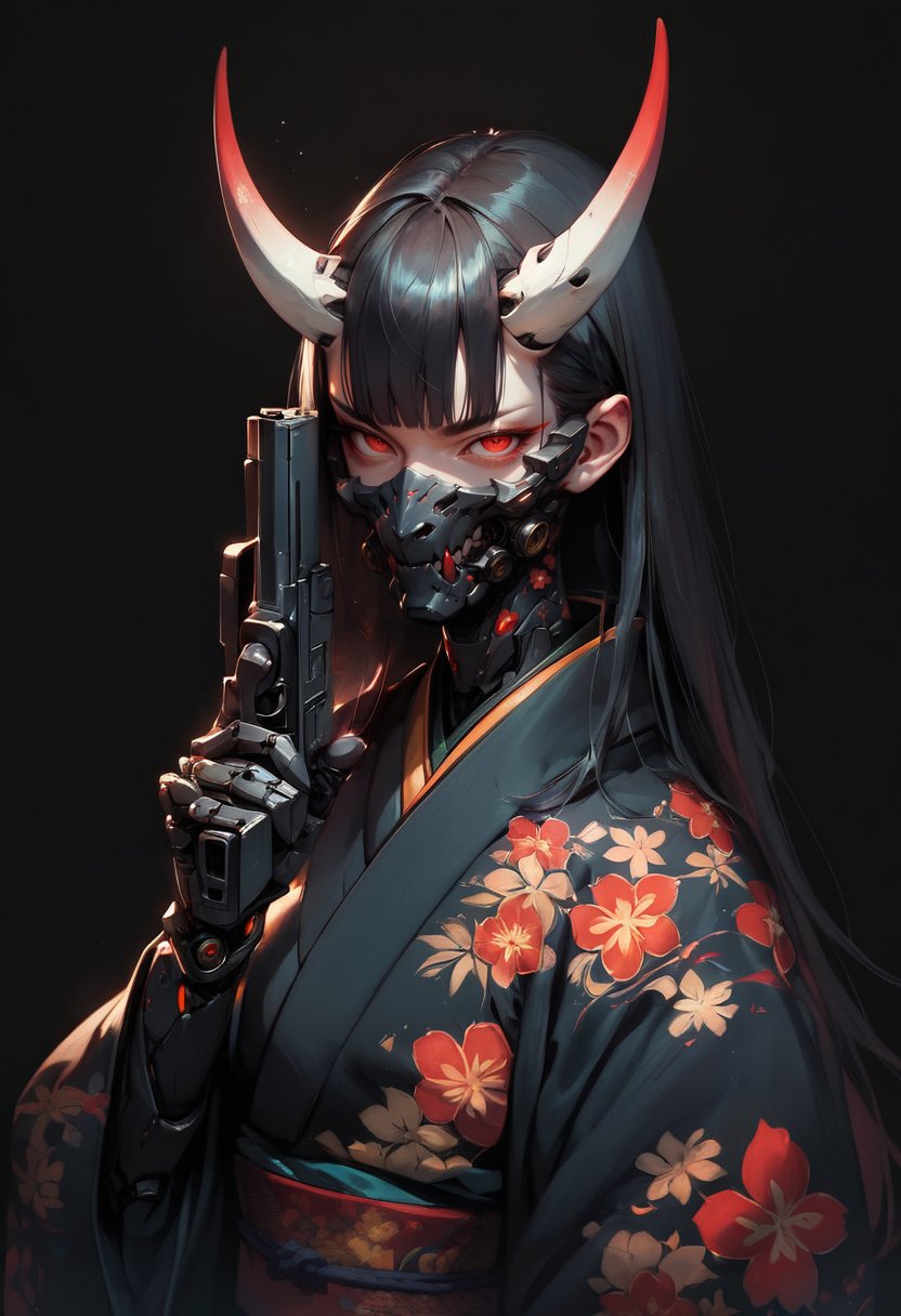 (score_9, score_8_up, score_7_up), zPDXL, 1girl, solo, looking at viewer, simple background, closed mouth, red eyes, upper body, long hair, black hair, japanese clothes, horns, kimono, holding pistol, gun, floral print, black background,  black mecha oni horns, mouth mask, black kimono, print kimono, blunt bangs, dark aura, black claws, black mechanical arms<lora:BioPunky:0.8>