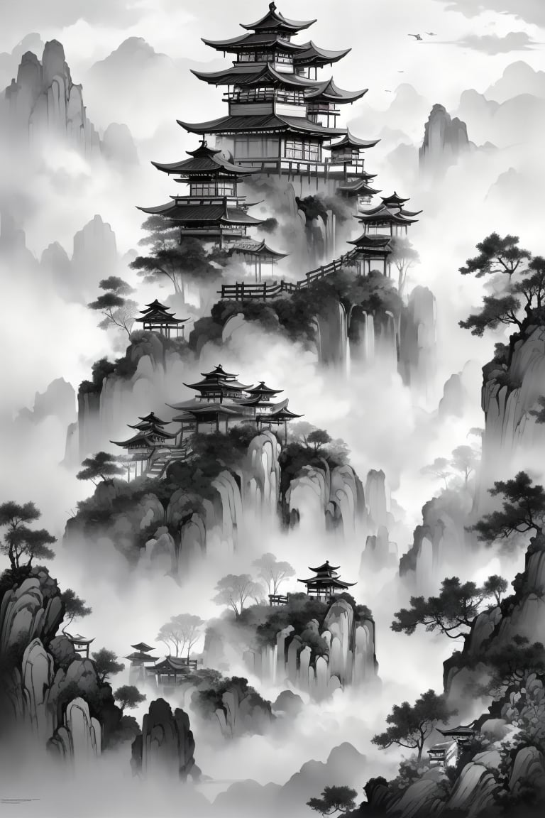 ((HRD, HUD, 8K)),((masterpiece, best quality)), highly detailed, soft light,InkAndWash, monochrome, architecture, east asian architecture, no humans, greyscale, bird, scenery, fog, pagoda, tree, castle, mountain, building,  <lora:20240415-1713175931242:0.8>