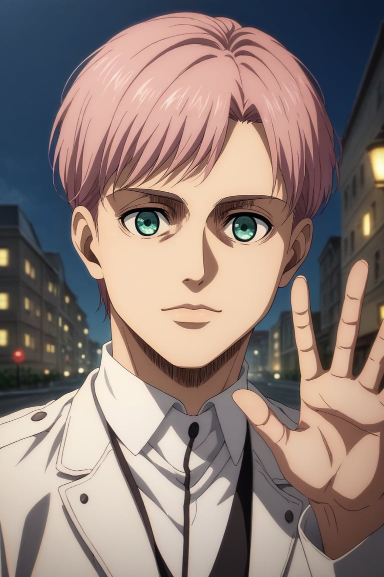 score_9, score_8_up, score_7_up, source_anime, rating_safe, intricate details, anime screencap, , , looking at viewer, depth of field, 1boy, male focus, teal eyes, pink hair, biker costume, solo, upper body, city, city lights, day, sunny, waving, distracted, aloof, oblivious, <lora:shingeki_no_kyojin_s4_style_pony:0.96>, shingeki_no_kyojin_s4_style, <lora:sdxl_lightning_8step_lora:1>