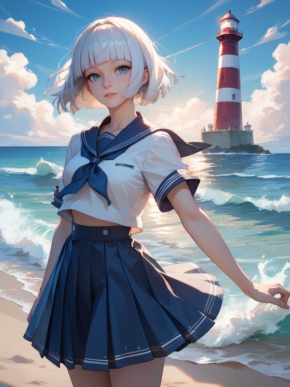 score_9,score_8_up,score_7_up,1girl,solo,best quality,highres,masterpiece,short hair,hime cut,white hair,facing viewer,looking at viewer,cowboy shot,sailor dress,outdoors,seaside,cloud,foaming waves,lighthouse,