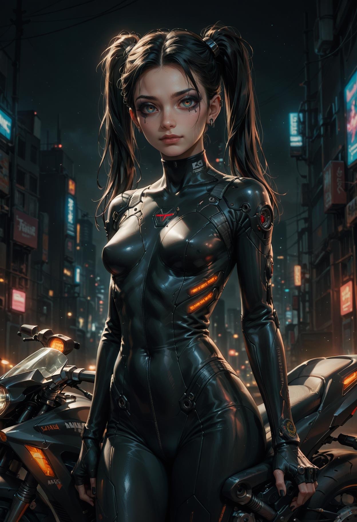 score_9, score_8_up, score_7_up, score_6_up, source_anime, masterpiece, newest,1 girl, solo, skinny, bodysuit, grinning, Colored eyelashes, cyberpunk, at night, motorbike, futuristic, black hair, twin tails, piercings goth makeup, dark background. (Black:0.5), faded