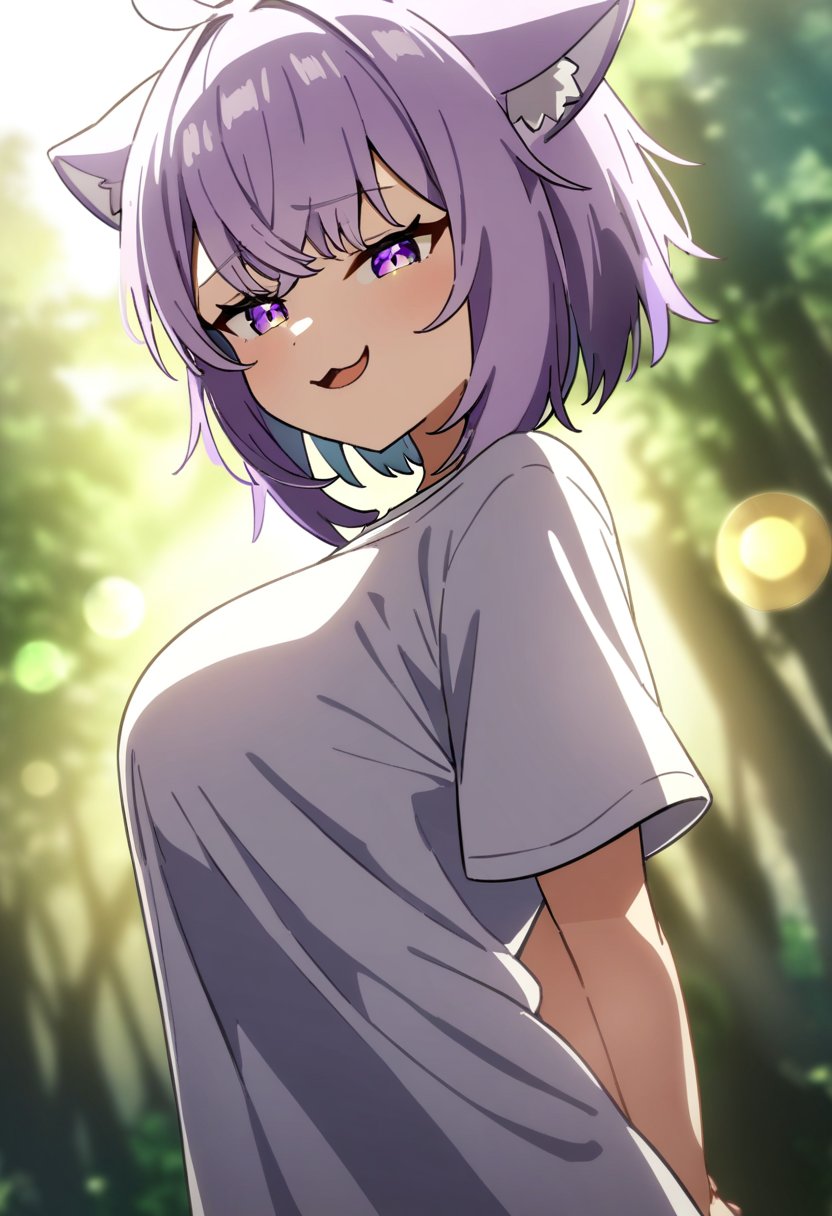 1girl, nekomata okayu, hololive, anime coloring,short hair, purple hair, purple eyes, gradient eyes, open mouth, smug, white shirt, t-shirt, shirt overhang, cat ears, large breasts, arms behind back, forest, lens flare, masterpiece, best quality, very aesthetic, absurdres,