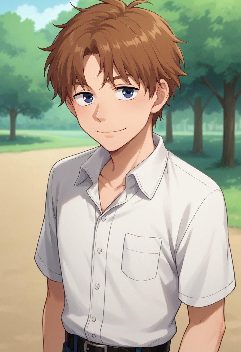 score_9, score_8_up, score_7_up, source_anime, highly detailed, fumiki, male focus, 1boy, brown hair, smile, solo,  blue eyes, looking at viewer, shirt, collared shirt, belt, outdoor, tree,