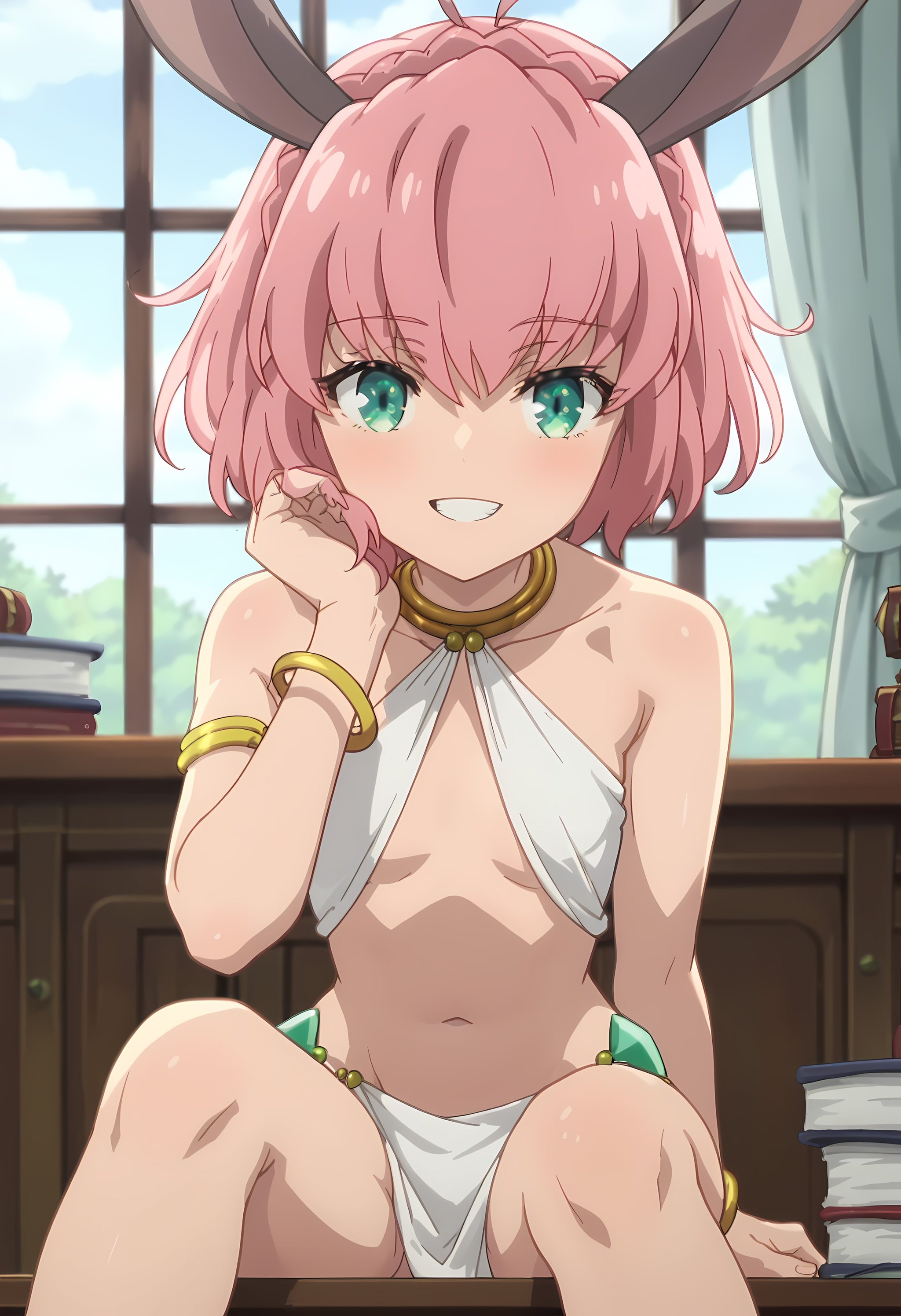 score_9, score_8_up, score_7_up, source_anime, 2d, Sylvie, 1girl, pink hair, short hair, green eyes, rabbit ears, white robe, very small breasts, golden jewelry, green ornament, anime coloring, anime screencap, detailed eyes, zPDXL, perfect faces, uncensored, rating_explicit <lora:sylvie_1-000045:1> , sitting on desk, hand on face, knee on knee, hand towards viewer, 