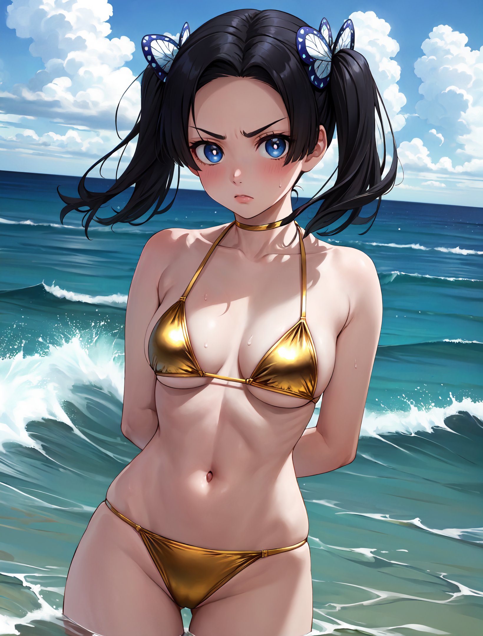 masterpiece, best quality, very aesthetic, ultra detailed, intricate details, 4k, anime style,goldbikiniai, 1girl, solo, breasts, blush, short hair, bangs, blue eyes, black hair, hair ornament, twintails, v-shaped eyebrows, parted bangs, frown, bright pupils, white pupils, butterfly hair ornament,(neck:1.2), bare arms, navel, cleavage, bare shoulders, (collarbone:1.2), swimsuit, bikini, sweat, stomach, micro bikini, yellow bikini, gold bikini,cowboy shot, looking at viewer, outdoors, arms behind back, ocean, water, waves, beach, horizon, <lora:Gold_Bikini:1>, <lora:LoRA_Aoi:0.9>