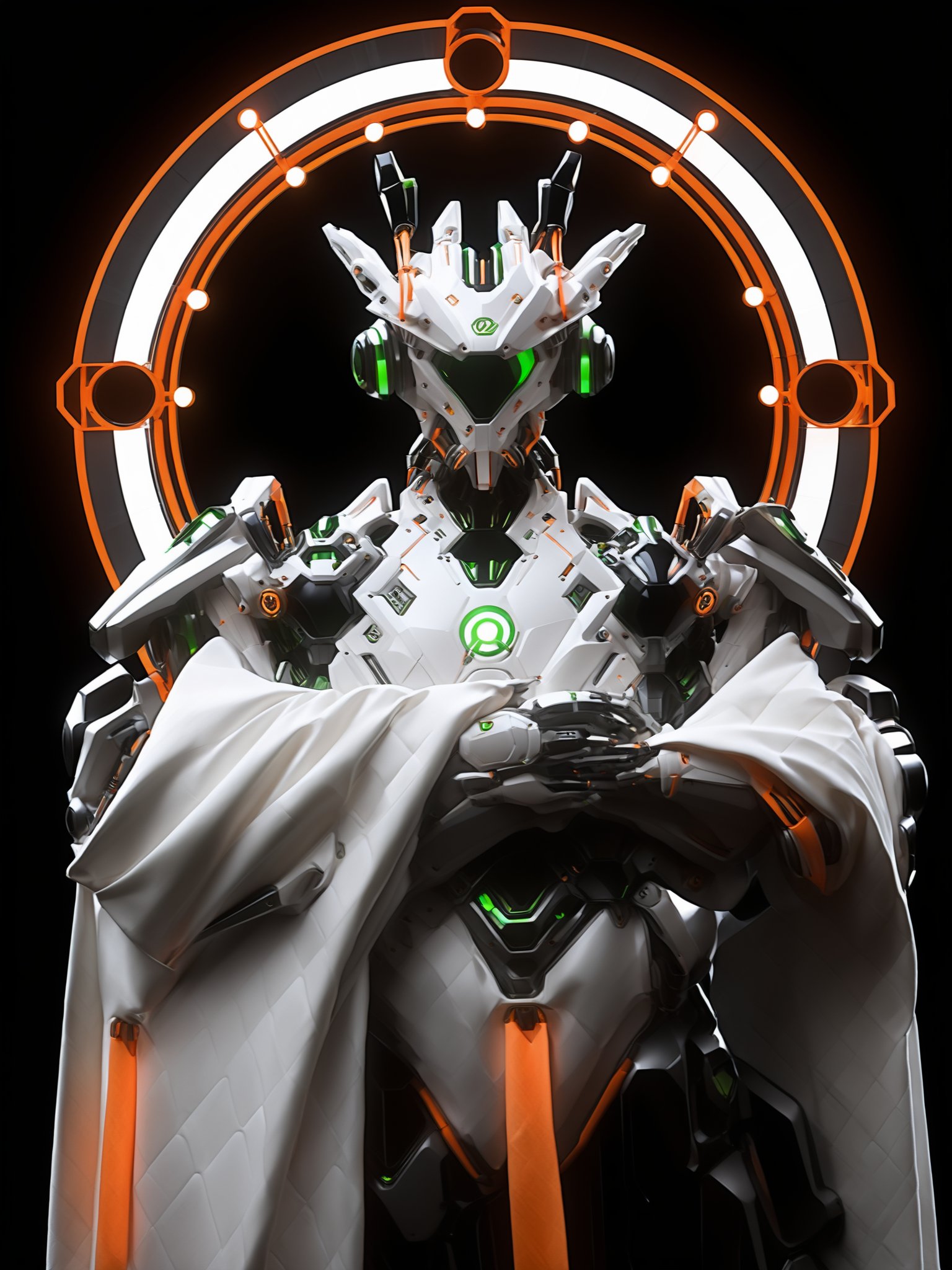 The image showcases a futuristic robotic entity. It has a sleek, white and gray design with intricate details, including green lights and various mechanical components. The robot is adorned with a circular halo-like structure made of neon orange and white lights. The entity's head is particularly distinct, featuring multiple protruding elements and a central green light. The robot's arms are crossed, and it drapes a white cloth over one of its arms. The overall ambiance of the image is dark, emphasizing the robot's illuminated features.<lora:Suotai-000006:1>