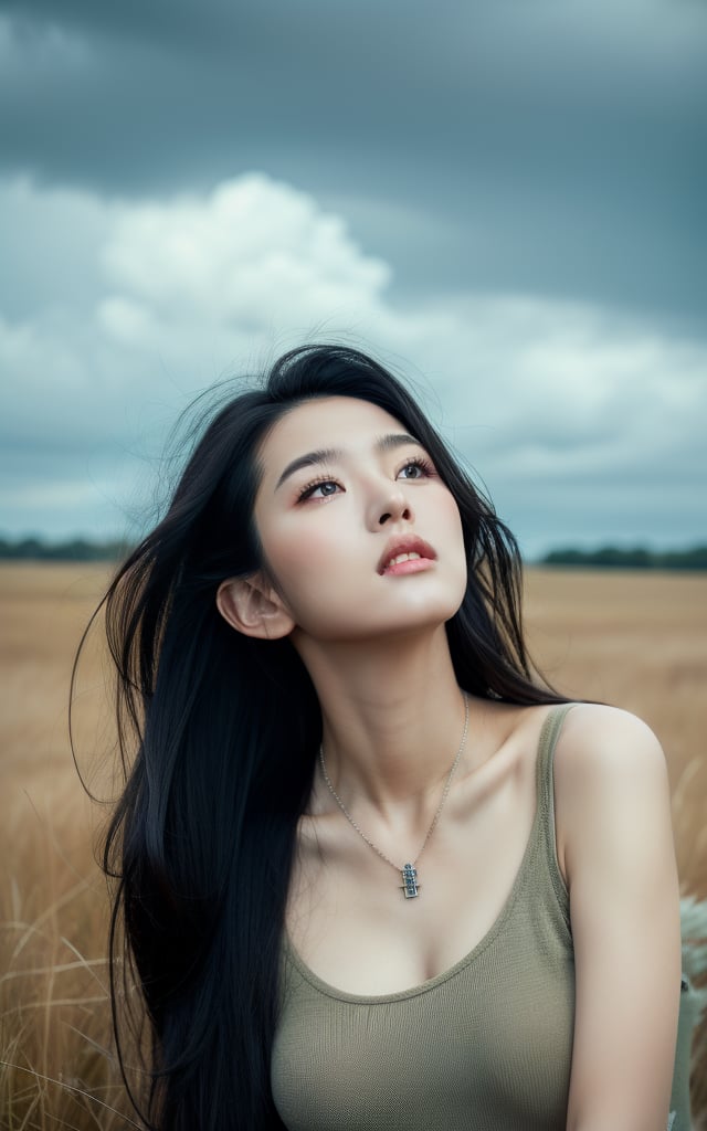 a woman with long hair standing in a field of grass with a cloudy sky in the background and a bird flying overhead,1girl,solo,jewelry,long hair,black hair,necklace,realistic,breasts,upper body,black eyes,outdoors,lips,cross,day,small breasts,nose,