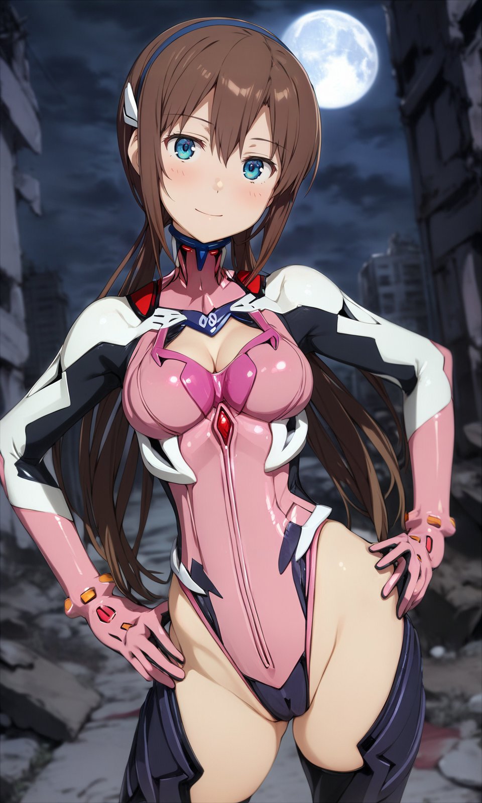 1girl, marishin, blue eyes, brown hair, medium breasts, cleavage, linea alba, hip bones, wide hips, (plugsuit:1.1), looking at viewer, light smile, upper body, straight-on, arms at sides, outdoors, ruins, night, moon, masterpiece, best quality, very aesthetic, absurdres, nyatabe, mogudan, ogipote, <lora:MariShinFlare_XL:1><lora:Nyatabe_XL:1> 