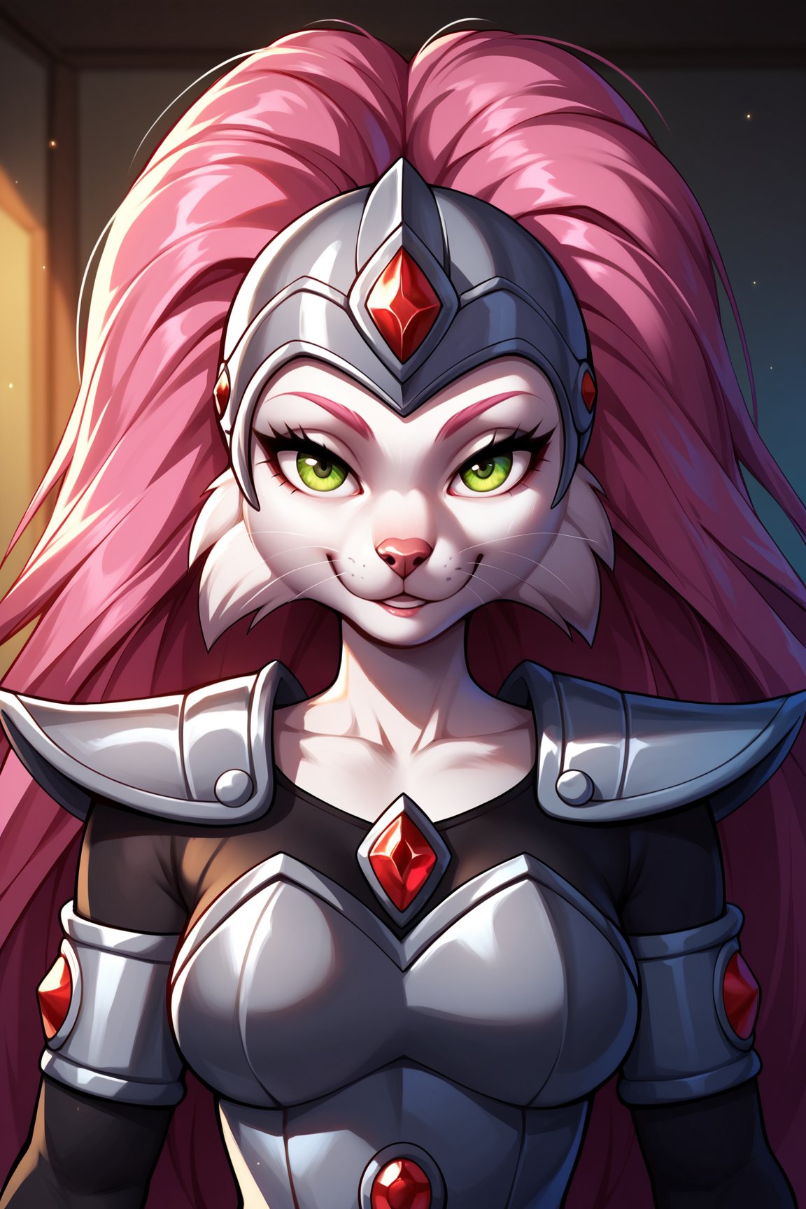 score_9, score_8_up, score_7_up, score_6_up, score_5_up, score_4_up, JennyBOHXL, anthro furry, furry female, white fur, snout, whiskers, green eyes, pink hair, long hair, helmet, forehead jewel, medium breasts, grey armor, red jewel, shoulder armor, black bodysuit, armlet, guantlets, solo, front view, (portrait, upper body), solo focus, seductive smile, looking at viewer, indoors <lora:JennyBOHXL:0.7>