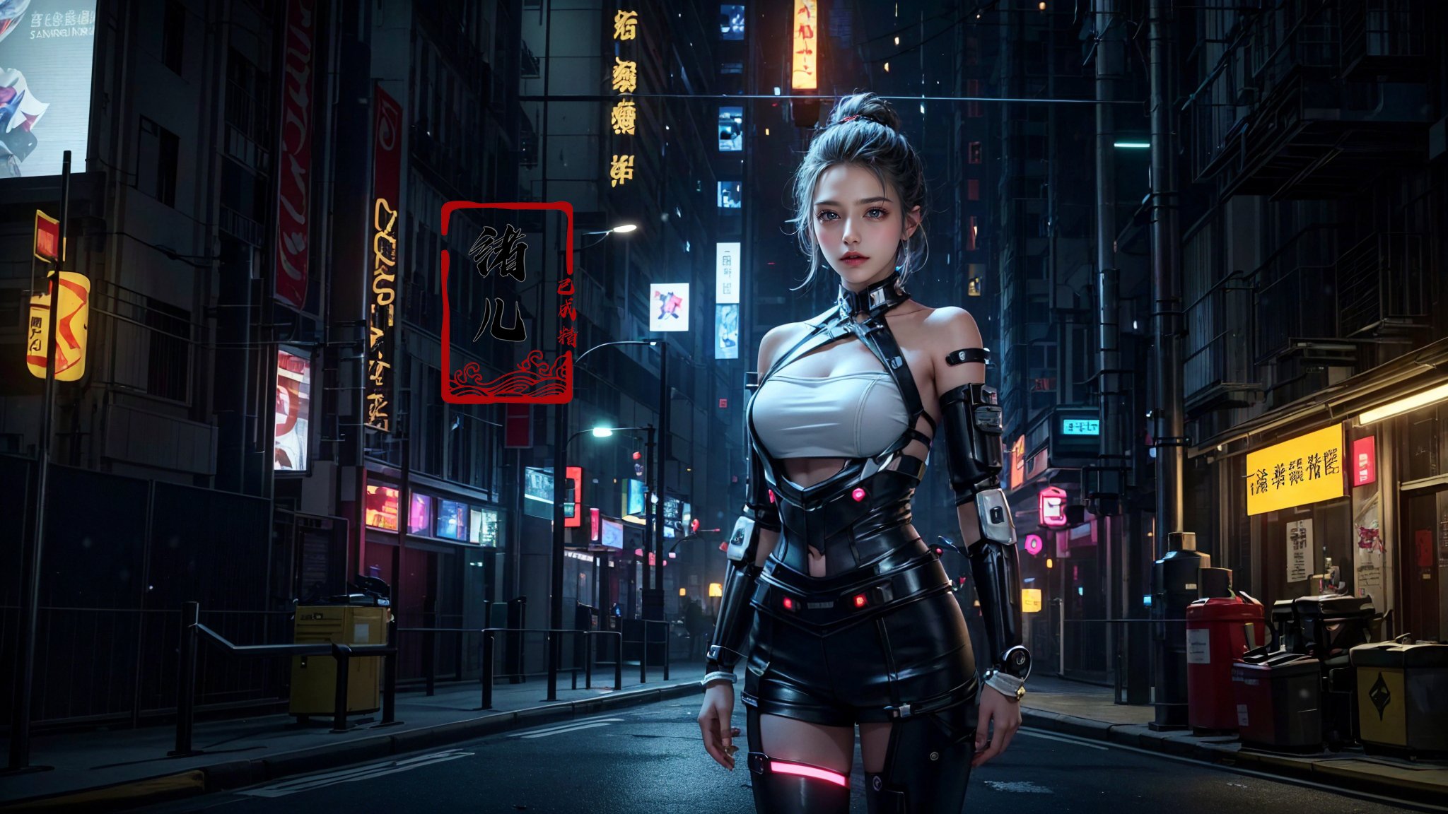(science cyber:1.4)，(Masterpiece),(best quality),((masterpiece)),(highres), original, (extremely detailed 8K wallpaper),{{{{ cowboy shot}}}}, Depth of field, absurdres,ooking at viewer,(chinese style architecture),((cyberpunk city)), (light pollution), rainy night, (wet), (((cropped shoulders))), (cyberpunk), science fiction, workshop,neon lights, english text,1girl, (Beautiful and detailed facial depiction), Gloom, Sad, ((shiny skin)), {Extremely Delicate Beautiful},(Beautiful and detailed eye description), Delicate Faces, (Winter snow), (Taoist robe), (Upper body), Chinese style clothes,Chinese Han clothing,White and blue Taoist robe, (colored china dress), (hybrid), messy_hair, multicolored hair, (colored tips), shiny hair,((exoskeleton)), (mechanical joints), (mechanical parts), ((internal structure)), (detailed structure),  hair rings, mechanical internal structure, delicate internal structure, (glow, light pollution:1.3)，(cables), (wires), (pistons), electricity, (glowing orbs), (luminous engine), energy cannon, (energy core), (cables connected to body), (wire connected to body), (robotic arms), ((Electronic collar)),Pauldrons, (Scapular cannon), screws, piugs, ventilator fans, 3d, 3d render, beautifully lit, ray tracing,scattered particles, emotionless, Slim waist, outdoors, detailed background, (neon lights),  lighting face, stars in eyes,<lora:绪儿-赛博城市场景 science cyber:0.5>