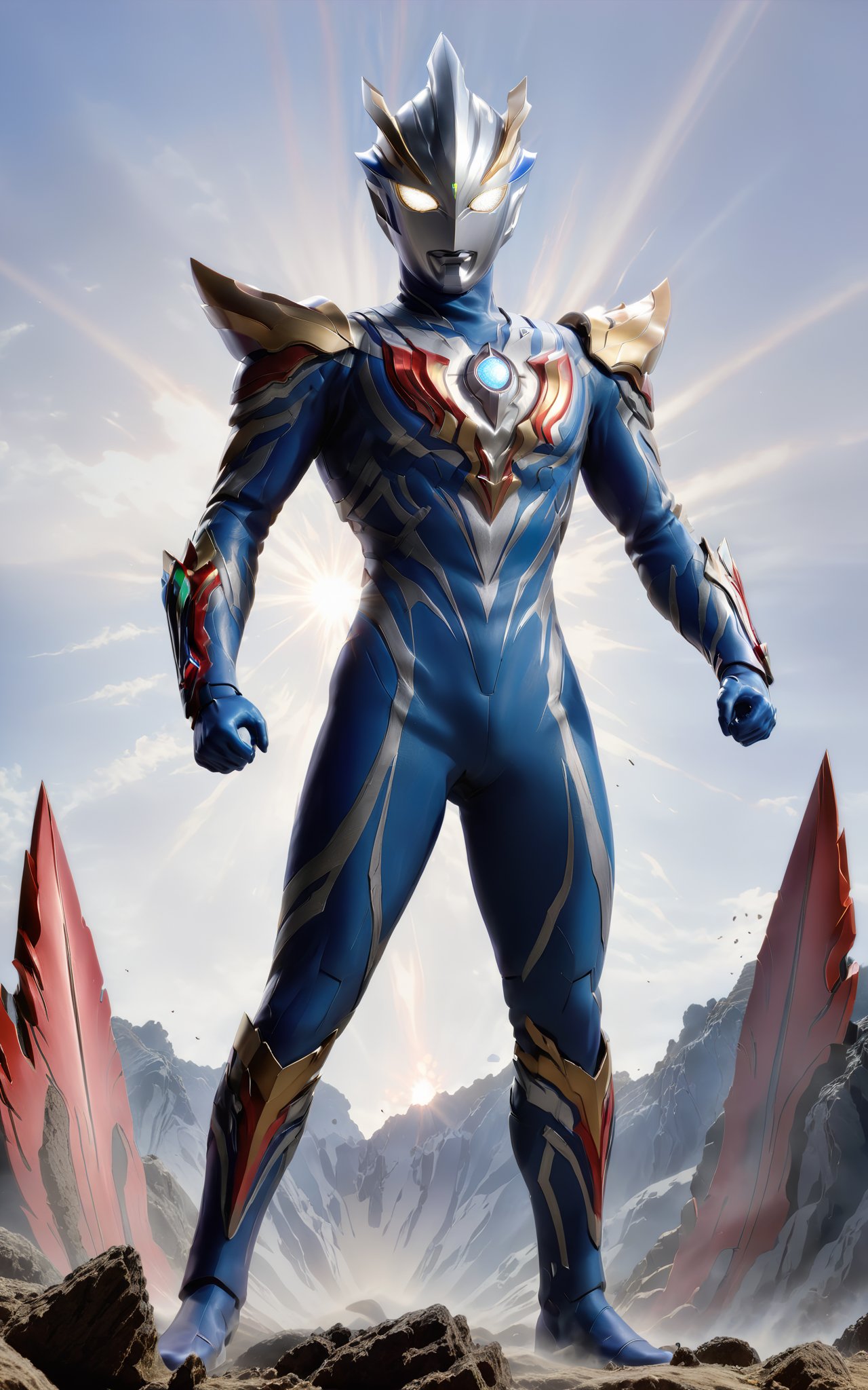 Ultraman, Cosmic Guardian, Light Bringer, Silver Stature, Bright Eyes, Superpowers, Light Beam Attack, Transforming Warrior, Evil Forces, Combative Challenges, Righteous Conviction, Unyielding Spirit.