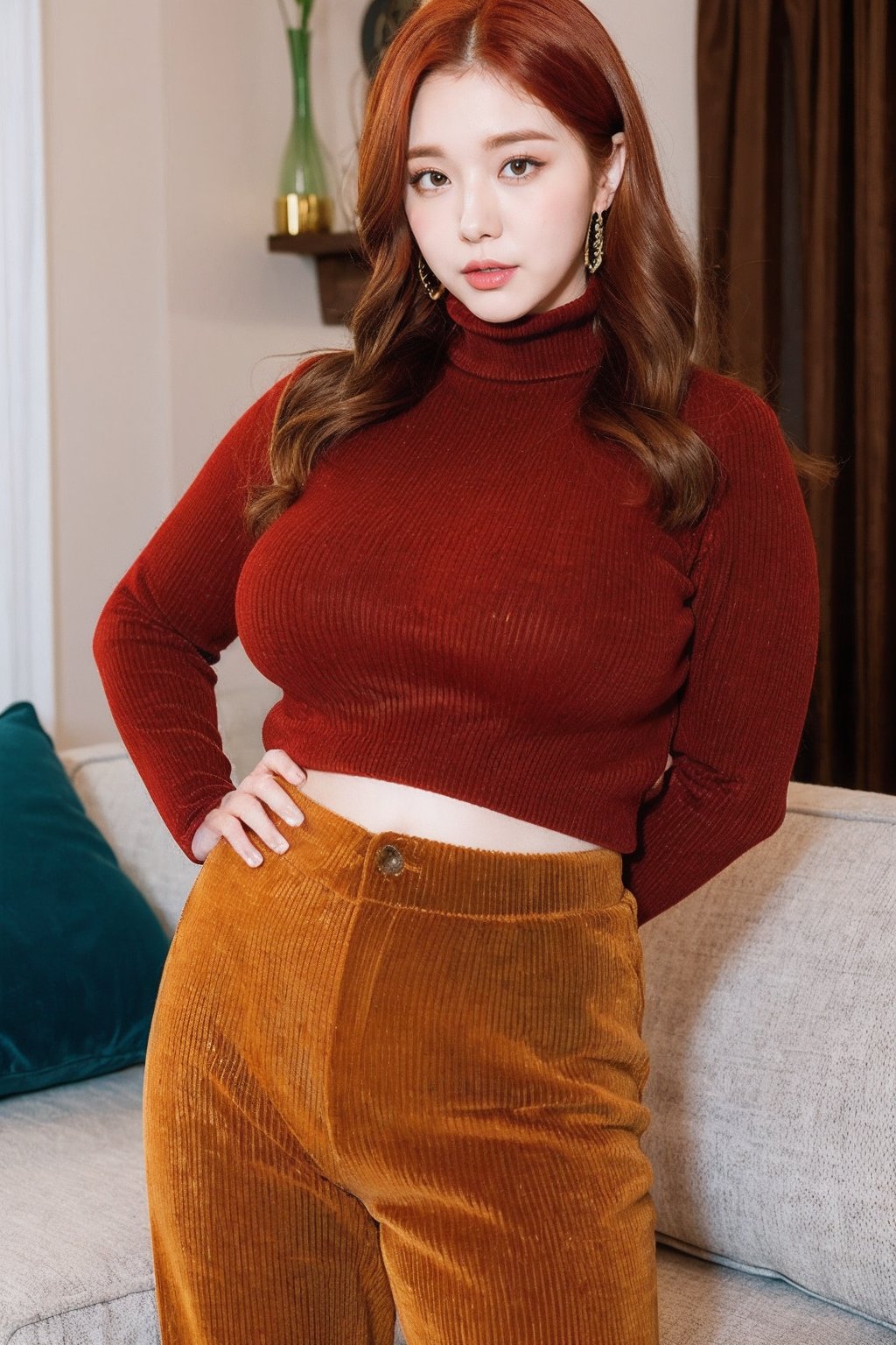 xlgirls, a redhead woman wearing Cotton turtleneck and corduroy pants  indoors, (staring:0.5) <lora:xlgirls-nw:1>