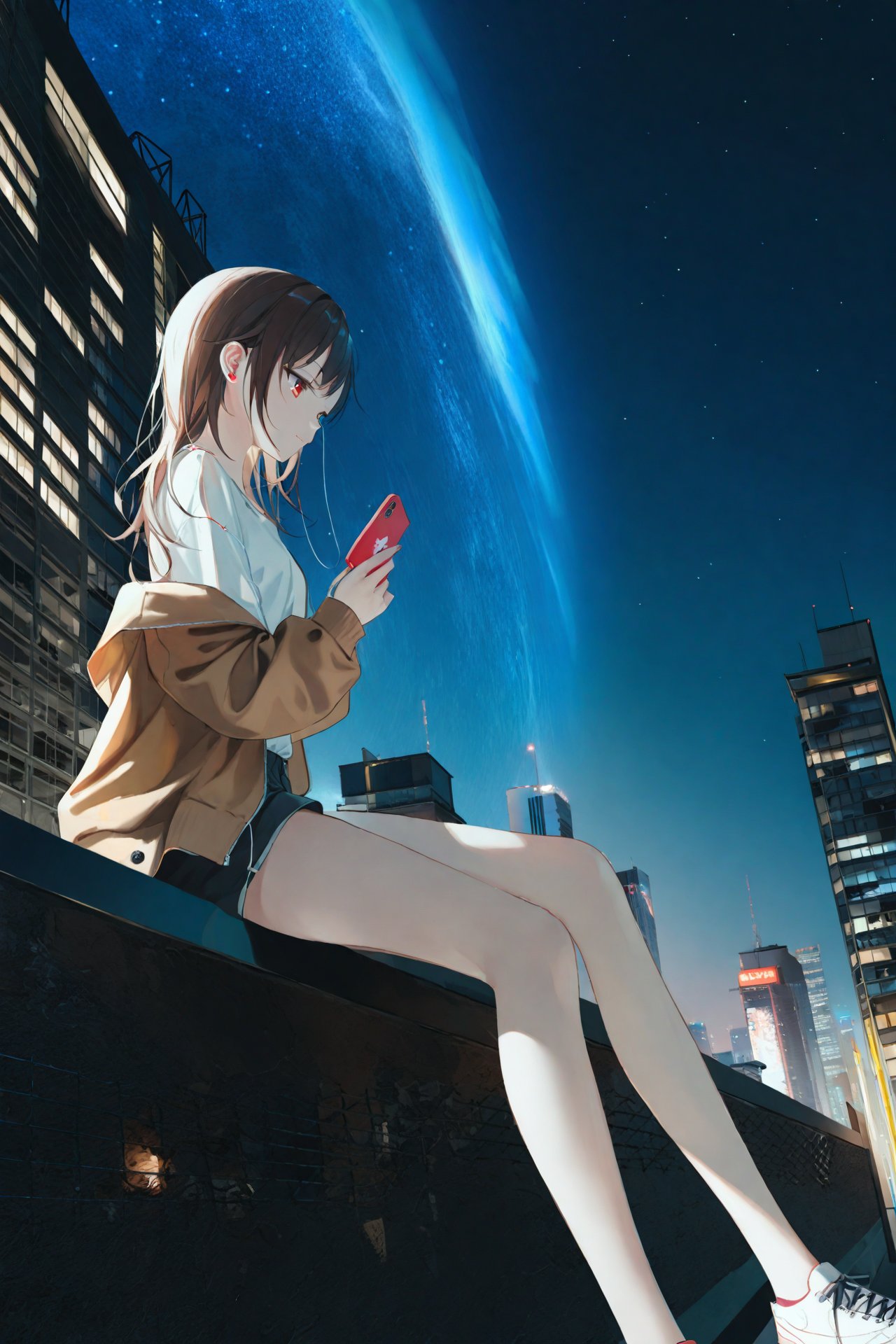 masterpiece,best quality,high quality,(colorful),[Artist toosaka asagi],[[[Artist wlop]]],[Artist chen bin],[Artist omone hokoma agm],Artist hiten (hitenkei),1girl,solo,night,phone,sky,earphones,shorts,outdoors,long hair,building,sitting,shoes,cellphone,holding,holding phone,night sky,shirt,jacket,sneakers,star (sky),white shirt,smartphone,bare legs,starry sky,brown hair,bag,city,long sleeves,open clothes,off shoulder,closed mouth,earbuds,black shorts,short shorts,red eyes,floating hair,brown eyes,brown jacket,open jacket,