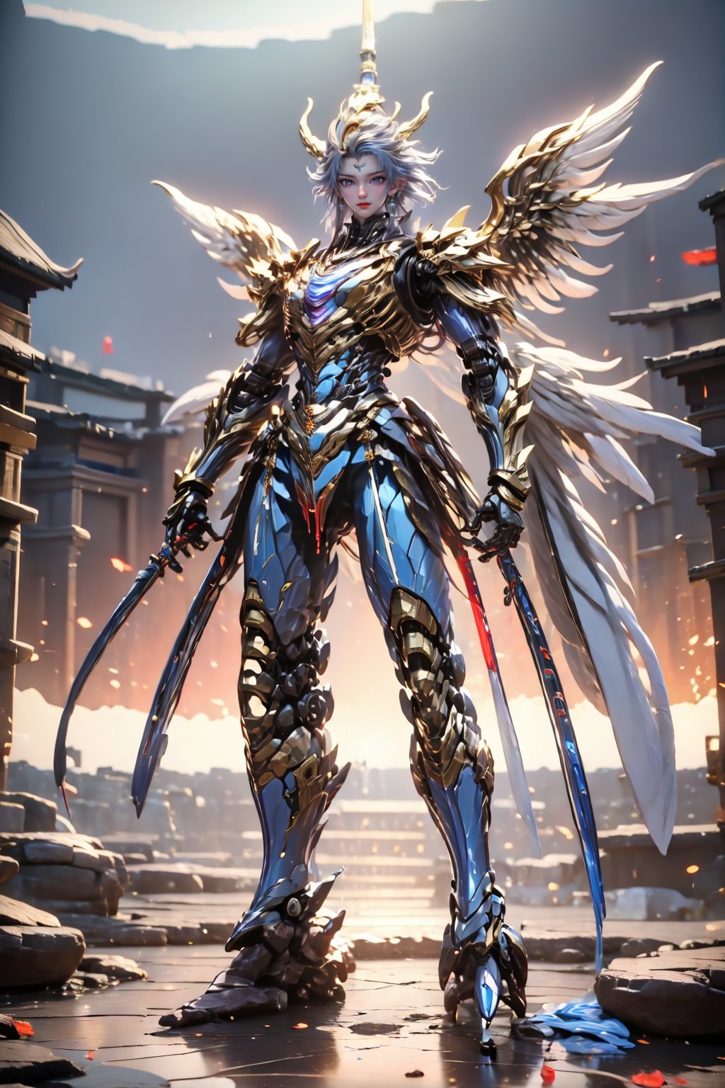 weapon, sword, wings, holding weapon, holding, holding sword, mecha, robot, glowing, science fiction, no humans, blue eyes, armor, solo, glowing eyes, standing, looking at viewer, 1boy, cable, full body