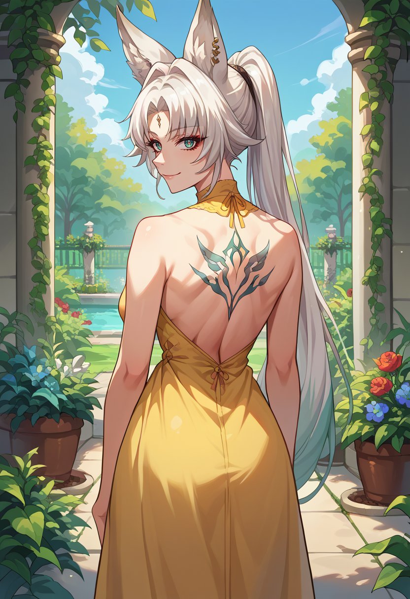 score_9, score_8_up, source_anime, 1girl, solo, FeiRND, animal ears, long hair, ponytail, multicolored hair, white hair, red eyeliner, ringed eyes, forehead mark, ear piercing, from behind, back tattoo, yellow sundress, garden, day, sunshine, smile, looking back, <lora:ChamFeixiaoV2.3PonyXL:1>