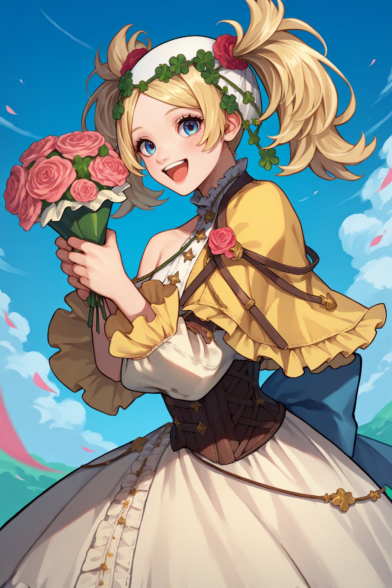 score_9, score_8_up, score_7_up, score_6_up, source_anime, 1girl, solo, <lora:felissa-pdxl-nvwls-v1-000005:1> valLissa, blonde hair, twintails, headscarf, hair flower, hair ornament, yellow capelet, bare shoulder, sundress, corset, holding bouquet, happy, from side, blue sky, looking at you