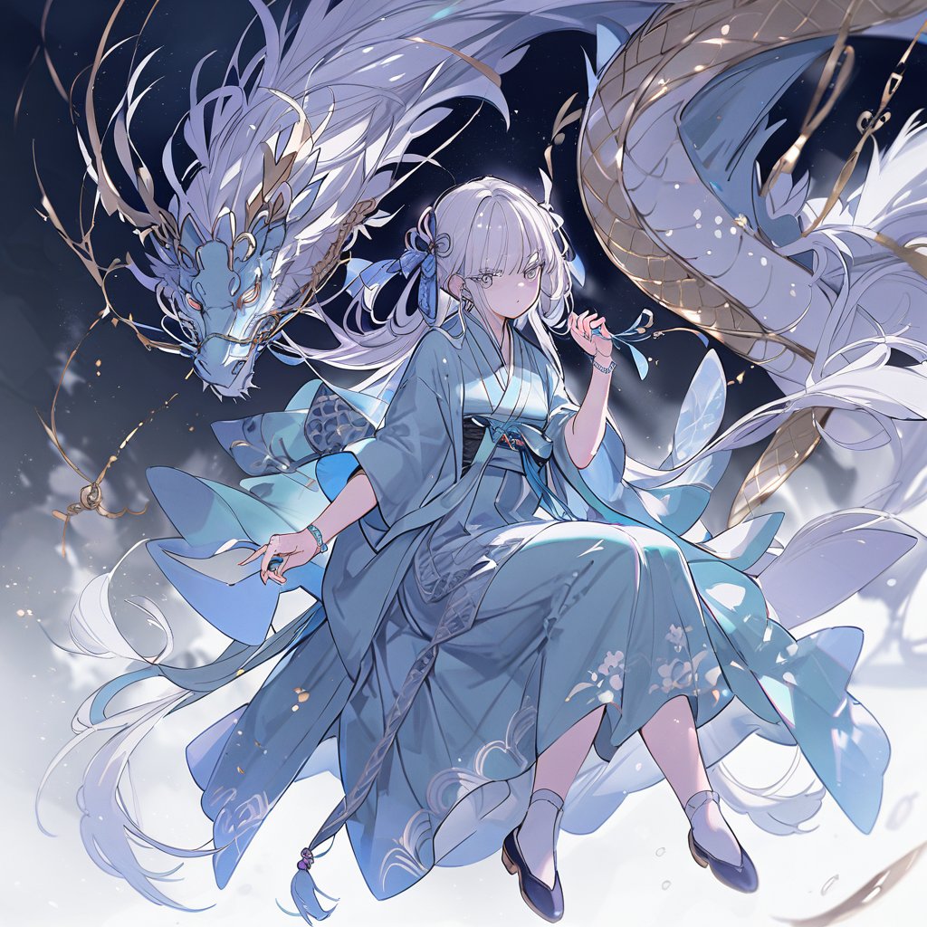 jinhsi,1girl,white hair,bule | white | gray eyes,hair bangs,Ring,one mole under right eyes,dragon,full body,hanfu,tang style outfits,