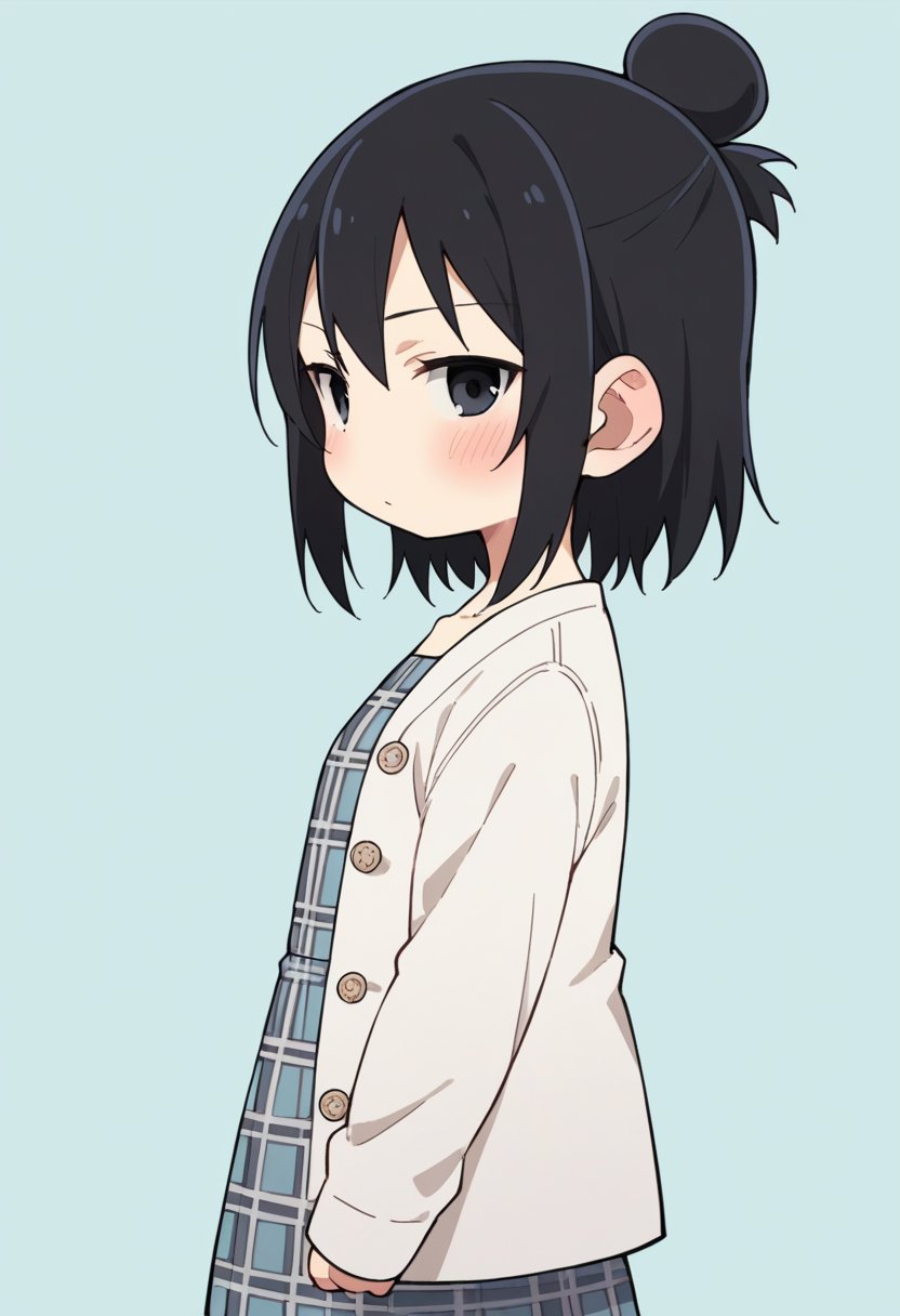 score_9, score_8_up, score_8, source_anime, 1girl, solo, chibi, <lora:HitohaMarui:0.7> , black eyes, black hair, hair bun, white coat, plaid dress, blush, side view, looking at viewer,light blue background, simple background,