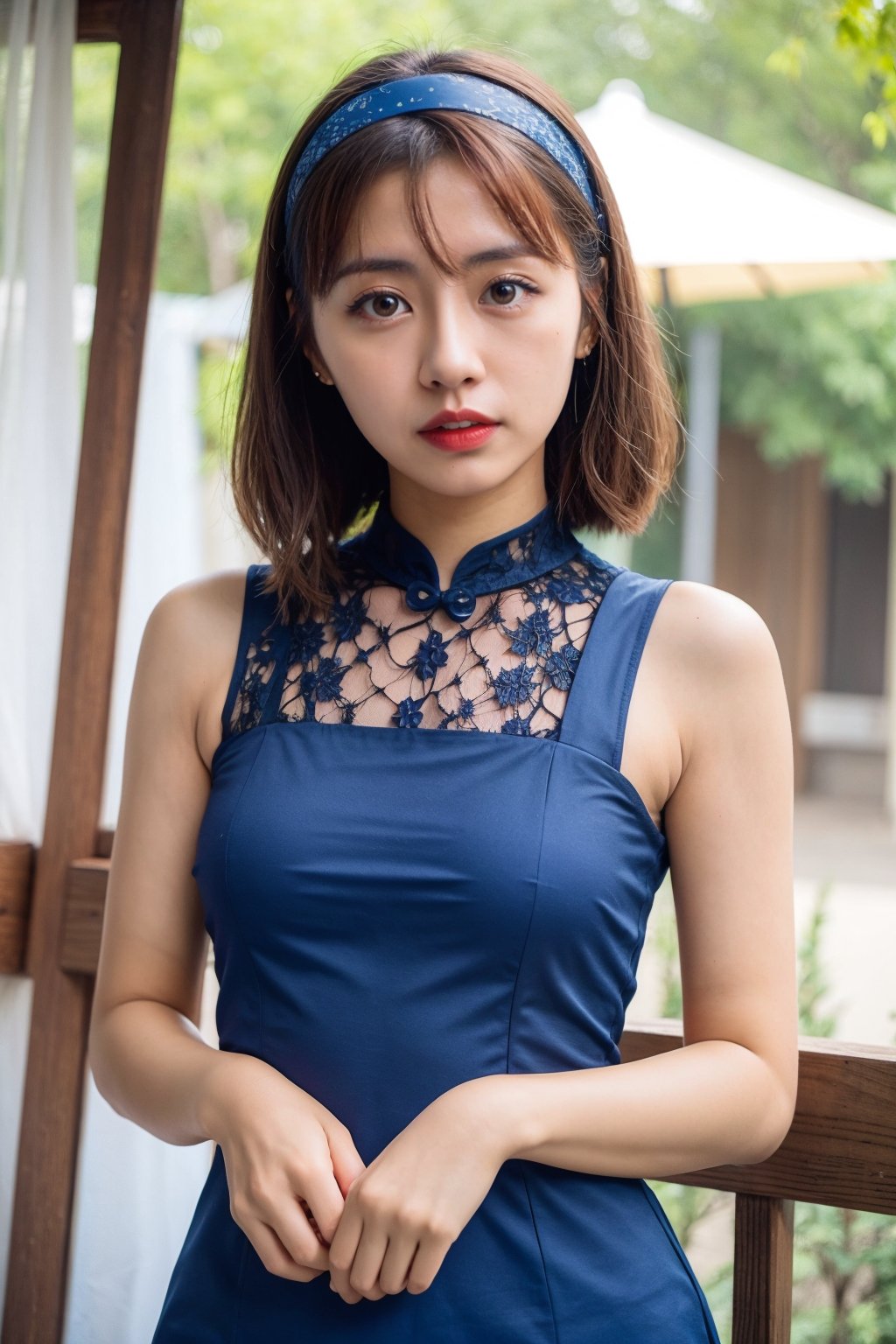 (blue cheongsam), (cute lace hair band), cowboy shot, bokeh, Busan cafe, outdoor, short hair,<lora:aiManjaYTL-09:0.8>