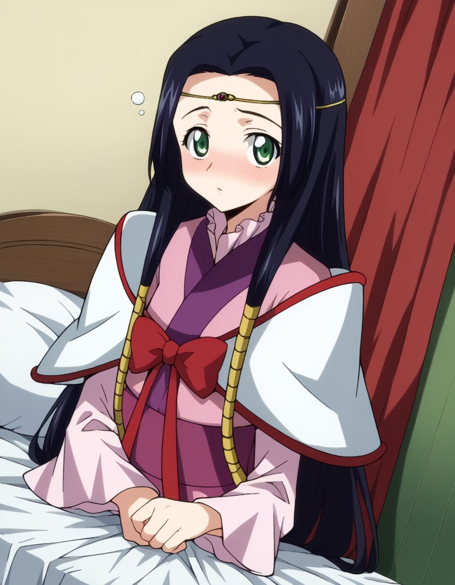 score_9, score_8_up, score_7_up, source_anime,kaguyasumeragi, <lora:kaguya-sumeragi-s1-ponyxl-lora-nochekaiser:1>,kaguya sumeragi, long hair, black hair, green eyes, very long hair, sidelocks, hair tubes,japanese clothes, circlet, long sleeves, bow, red bow,indoors, bed, bed room, on side, blush, drunk,looking at viewer, cowboy shot, dutch angle,