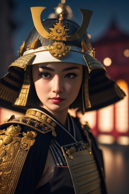 1woman, portrait,  a beautiful girl wearing samurai helmet,  short hair, looking at viewer, japan castle in front of full moon center in frame, <lora:samuraiLoraV01:0.8>, Photorealistic, Hyperrealistic, Hyperdetailed, analog style, hip cocked, demure, low cut, detailed skin, matte skin, soft lighting, subsurface scattering, realistic, heavy shadow, masterpiece, best quality, ultra realistic, 8k, golden ratio, Intricate, High Detail, film photography, soft focus,  blurry background,