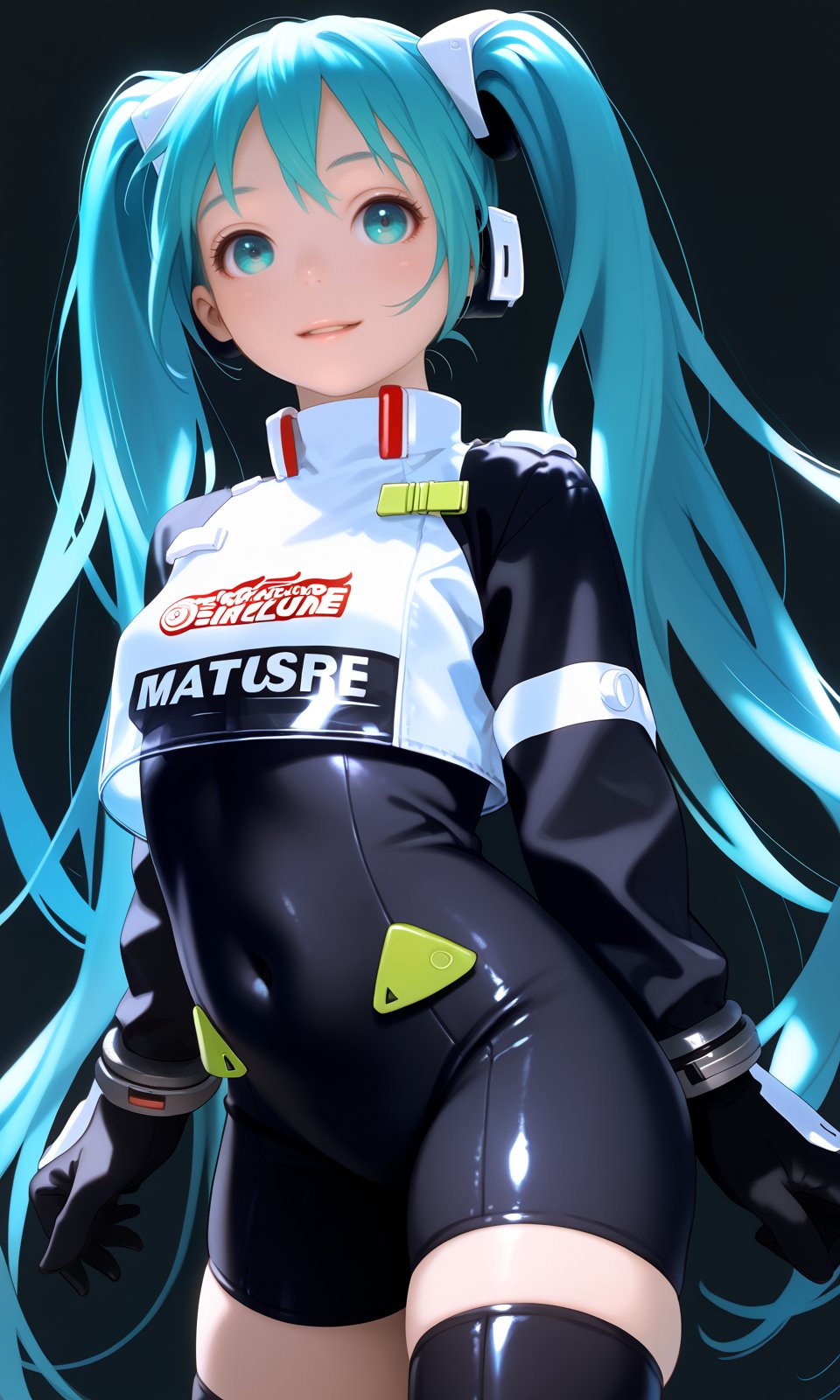 score_9, score_8_up, score_7_up, score_6_up, BREAK1girl, miku22, aqua eyes, aqua hair, black bodysuit, breasts, covered navel, cowboy shot, hatsune miku, long hair, looking at viewer, race queen, skin tight, solo, thighhighs, twintails, very long hair, zipper, looking at viewer, arms at sides,masterpiece, absurdres, <lora:RacingMiku2022_Pony:1>  <lora:sdxl_murata_range_v1:1>