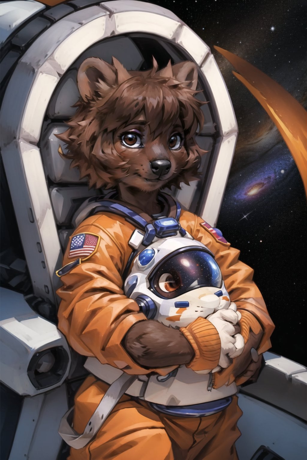 masterpiece, best quality, looking at viewer, spacecraft, furry girl,orange astronaut suit,brown hair,quokka, aidaishu,galaxy <lora:output_name:0.4>