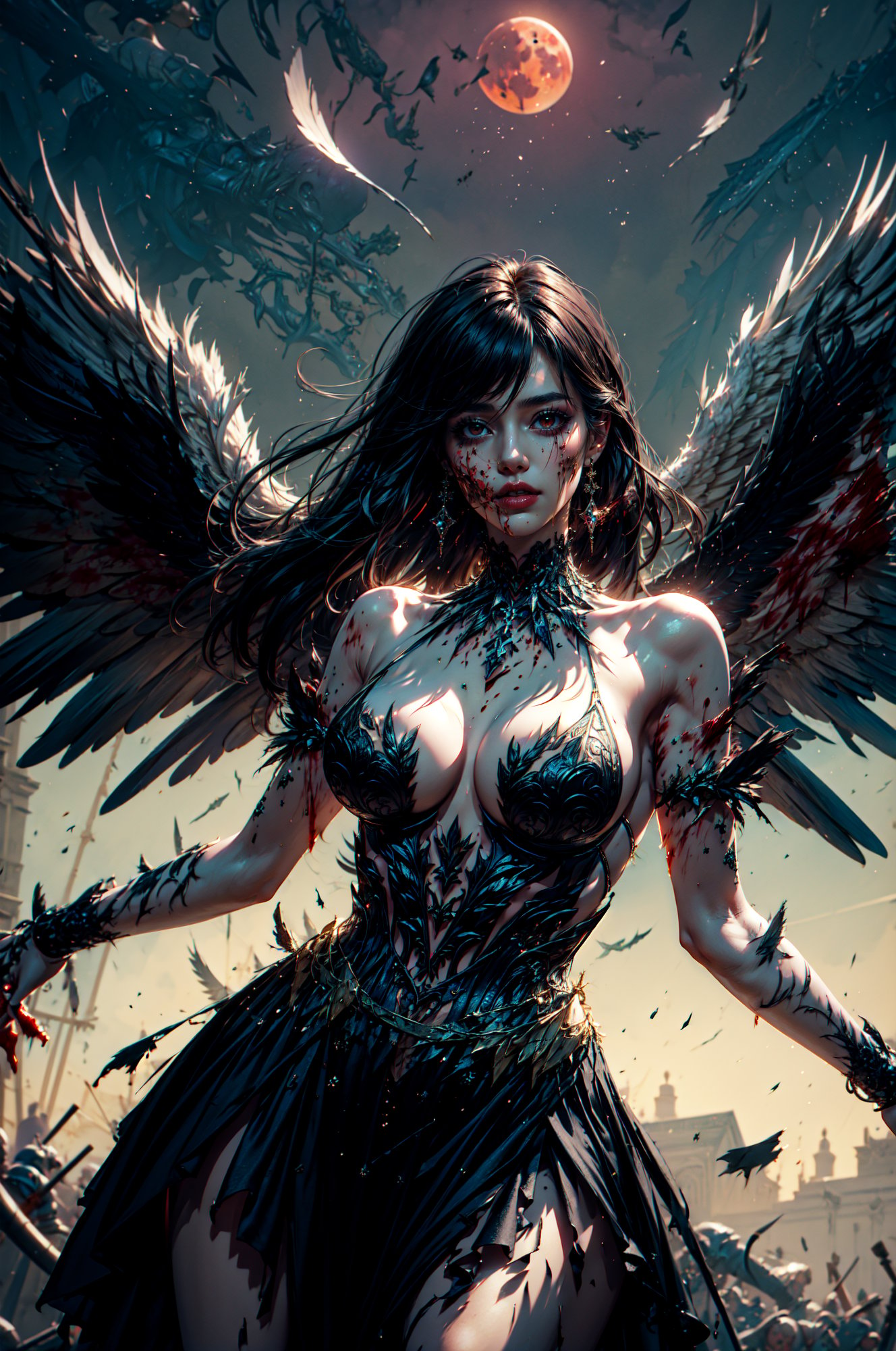 Stunning girl wearing a black LAstargalaxydress, (black dress:1.4), hair moved by wind, (black hair), beautiful red eyes, long hair, <lora:LAstargalaxydress:0.65> , (large black wings), (falling feathers), halo, (ornaments_earrings:1.1), large breasts, (torn clothes:1), ((battle worn, tired, bloody. blood splashes):1.3), BREAK,(masterpiece), perfect anatomy, intricate, (highly detailed), photorealistic, perfect anatomy, cinematic lighting, shading, best quality, ultra-detailed, (illustration), looking at viewer,  (extremely detailed dress design), fantasy theme, dynamic pose, stunning details, (heavenly background:1.3), (dark theme:1.3), (battle, red moon, horror), <lora:clothing_explosion_lora01:0.8> <lora:angelx_halo_lora01:0.5>