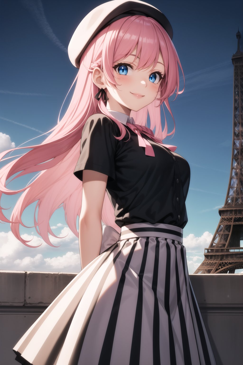 best quality, 1girl, long pink hair, blue eyes, striped white and black shirt, long skirt, hair ribbon, beret, (eiffel tower:1.2), smile, clouds, night, arms behind back