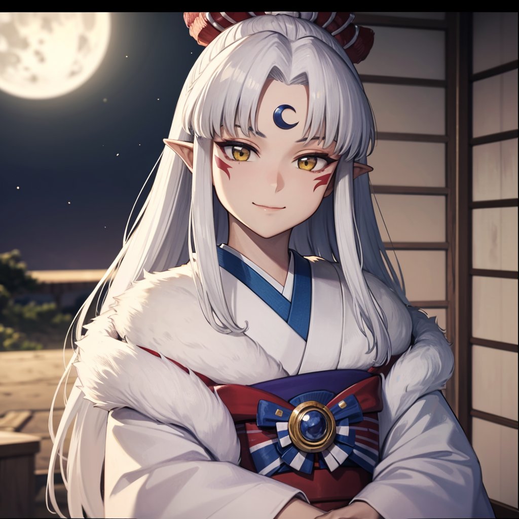 (masterpiece, best quality),ray tracing,absurdres, HDR,Sesshomaru imoto, pointy ears, solo, yellow eyes, long hair, japanese clothes, facial mark, jewelry, 1girl, white hair,  forehead mark, kimono, necklace,  looking at viewer, cowboy shot, magatama, smile, closed mouth, sidelocks, fur trim, crescent, bangs, fur, moon on the forehead<lora:Sesshomaru imoto:0.7>