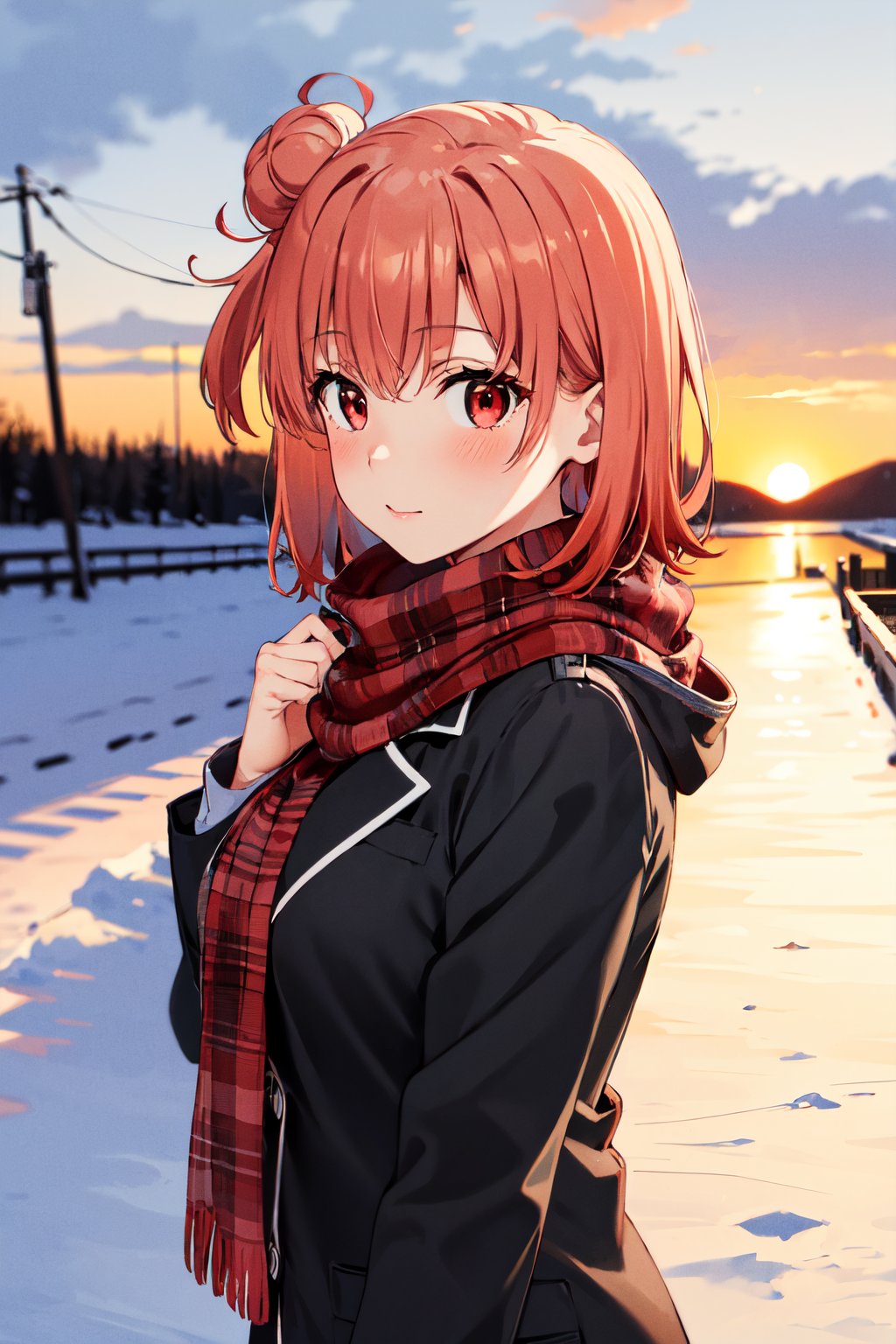 masterpiece, best quality, highres, aayui, short hair, single hair bun, red eyes, breasts, <lora:yuigahama_yui_v1:0.7>, winter clothes, snow, scarf, sunset, 