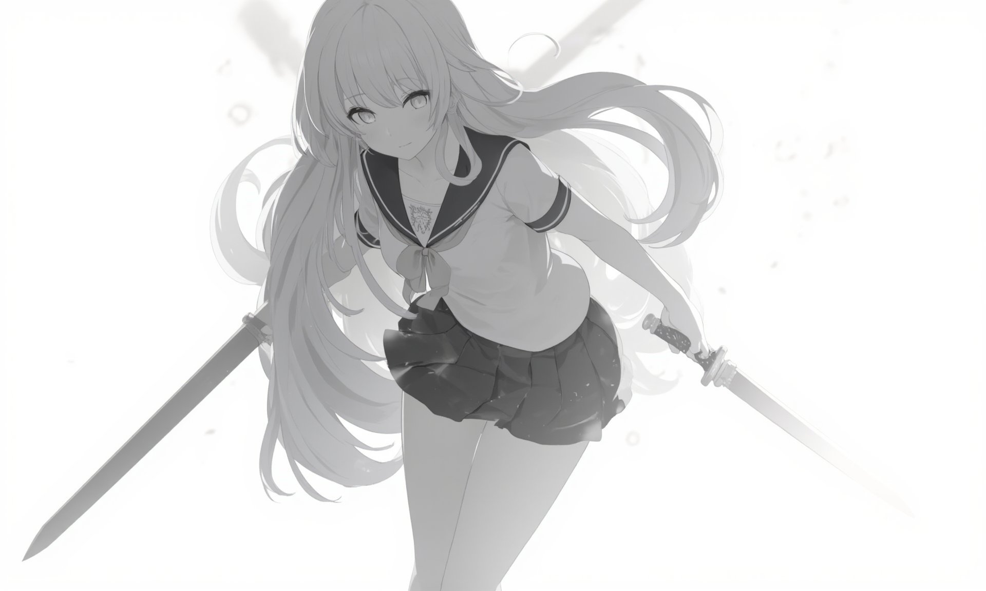 1girl,    school uniform, thighhighs, skirt, shorts under skirt, shorts, long hair, white background, bike shorts, closed eyes, thighs, greyscale, thick thighs, weapon, solo, short sleeves, sword, miniskirt, pleated skirt, ass, monochrome <lora:BastylrV2:1>